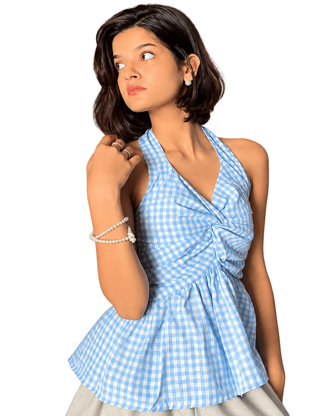 Woman wearing a light blue co-ord set.