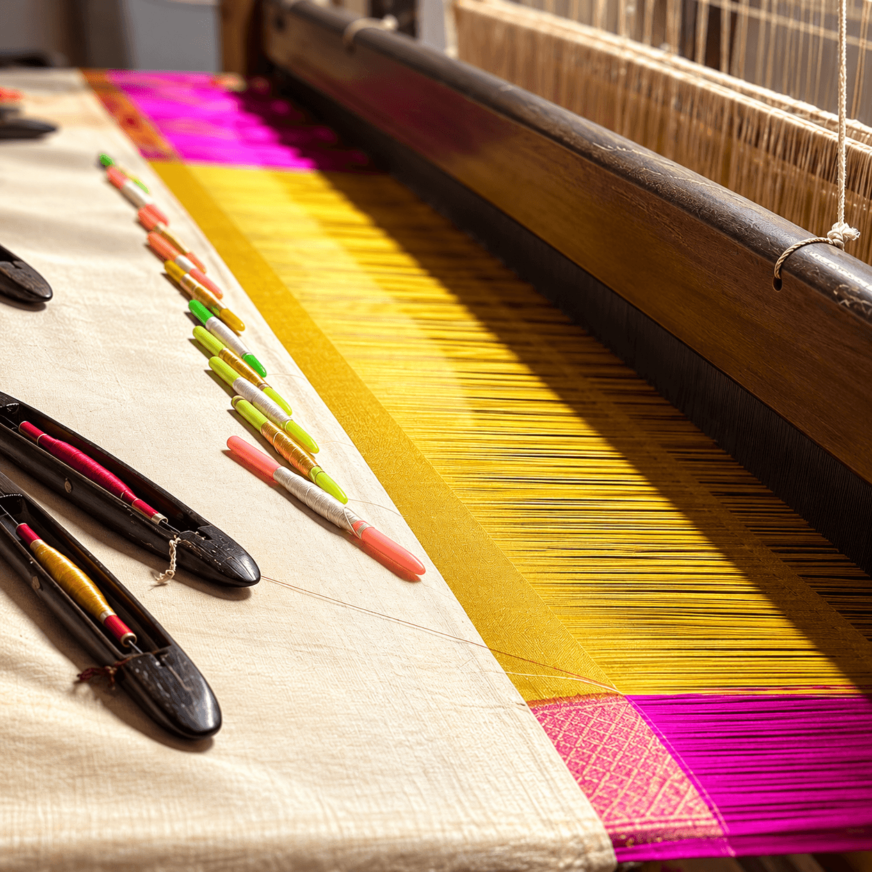 Golden and magenta threads being woven on a traditional wooden handloom
