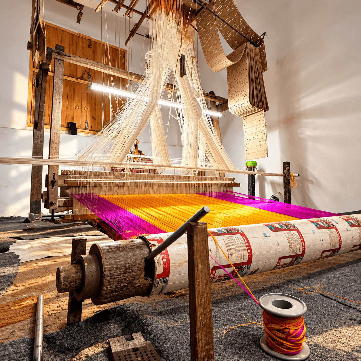 A traditional handloom workshop with vibrant threads prepared for weaving