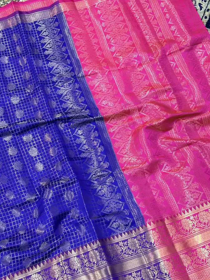 Banarasi Royal Blue & Pink Silk Saree, view 4