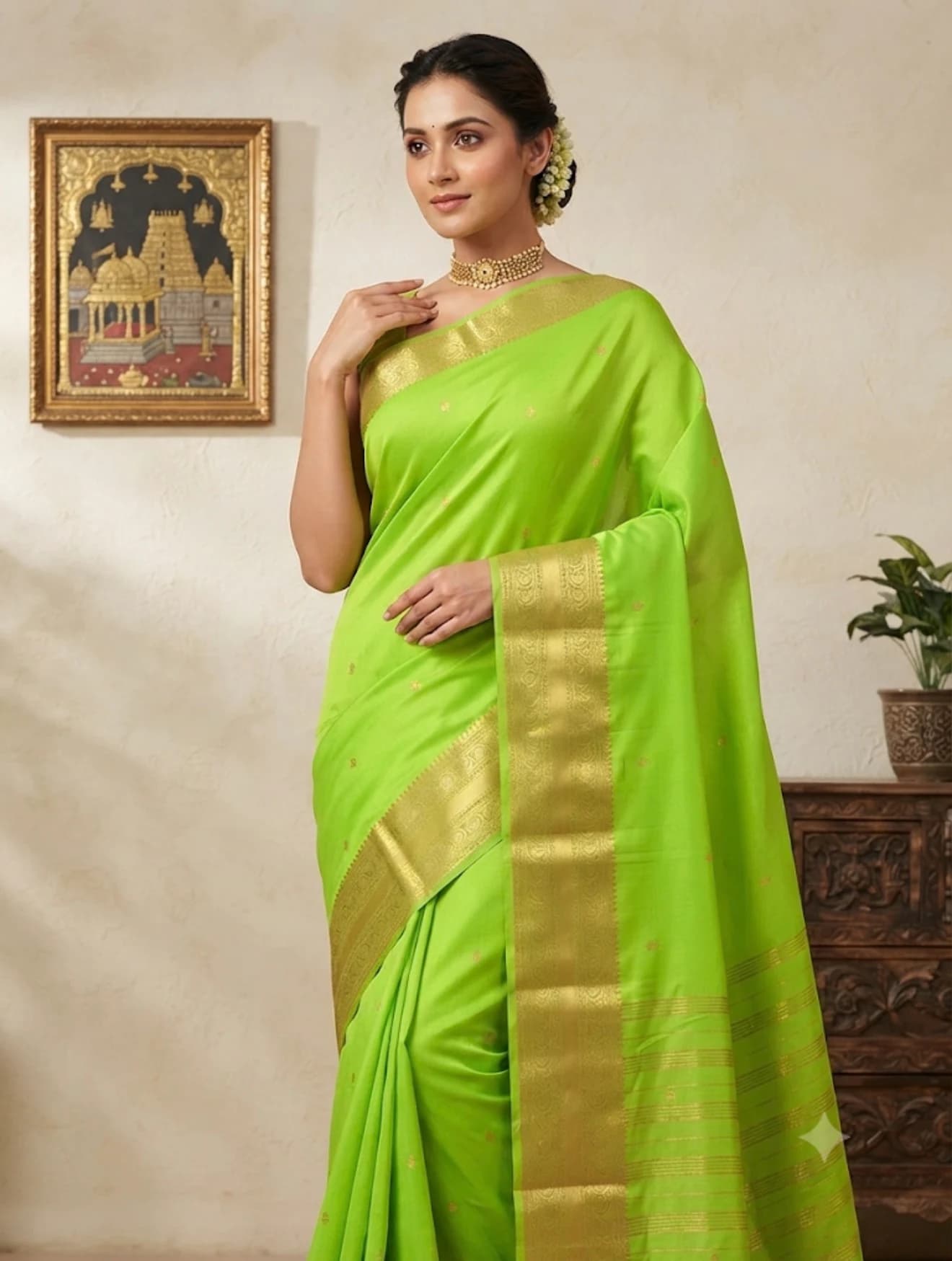Banarasi Soft Silk Saree – Elegant Green with Golden Zari Weaving, view 1