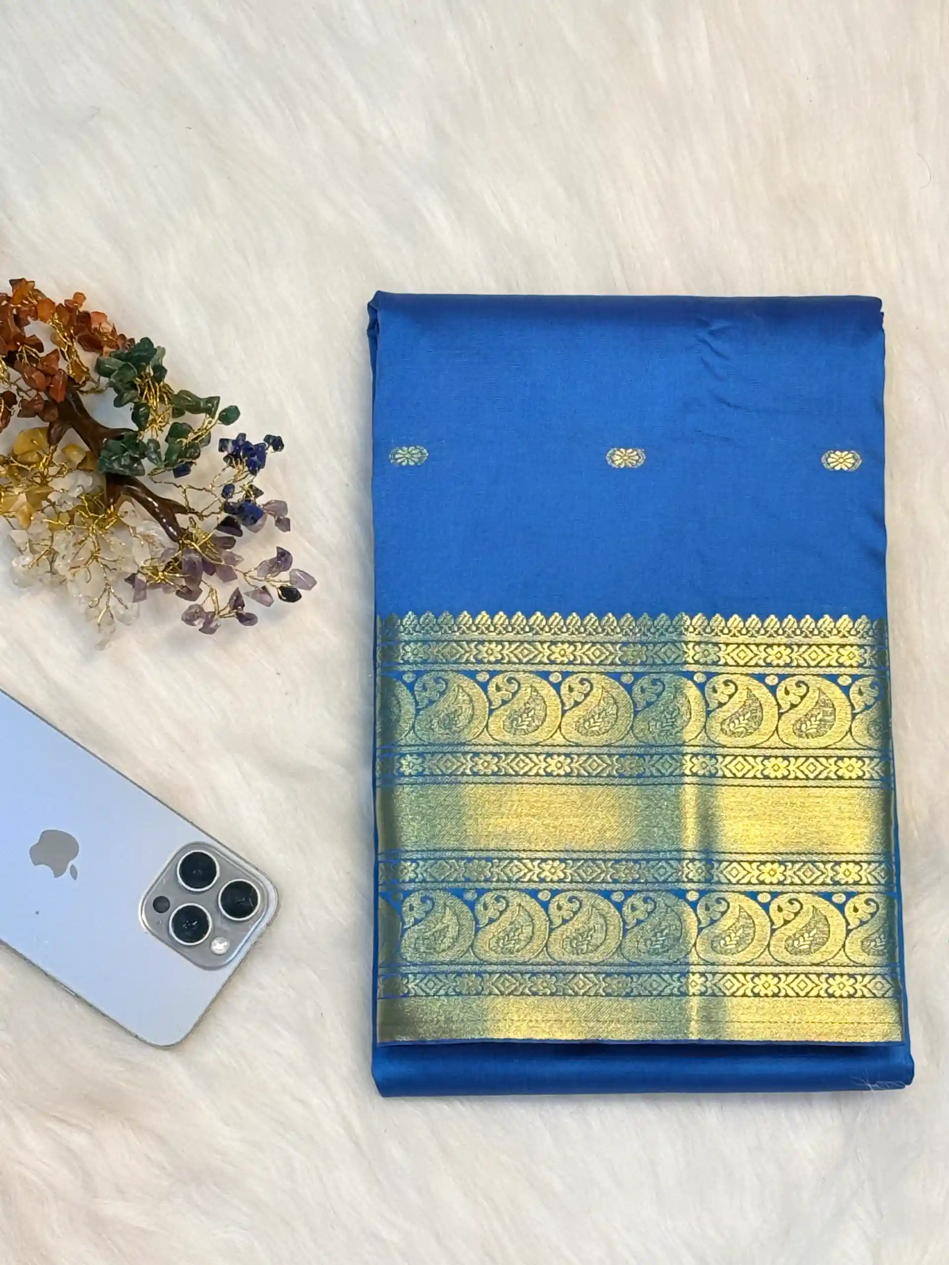 Blue Banarasi Silk Saree with Golden Zari Butta & Traditional Border, view 1
