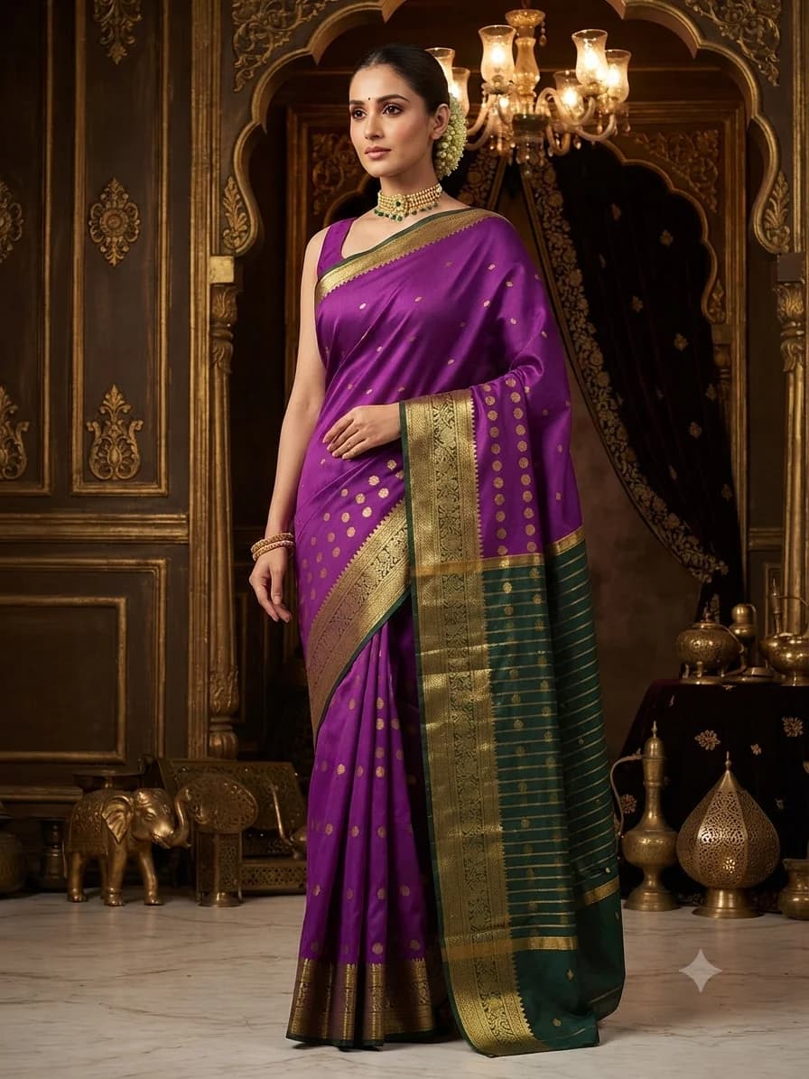 Royal Purple Banarasi Silk Saree with Traditional Zari Border, view 1