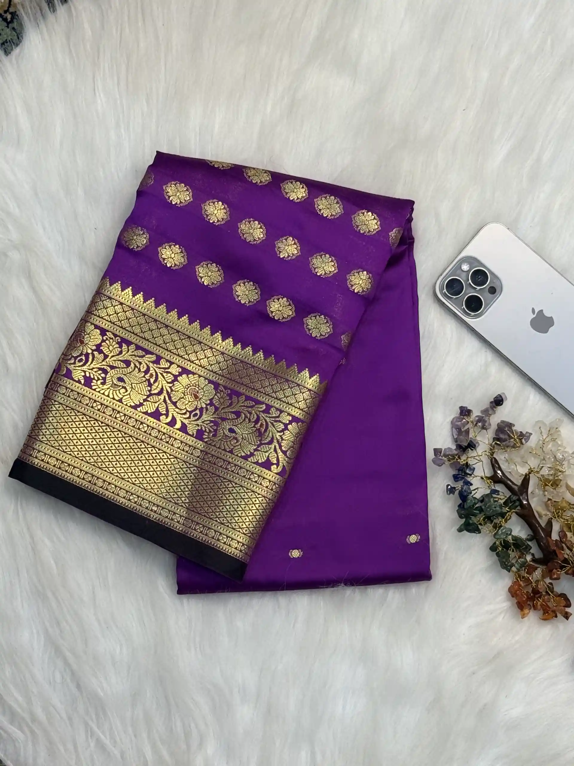 Royal Purple Banarasi Silk Saree with Traditional Zari Border, view 2