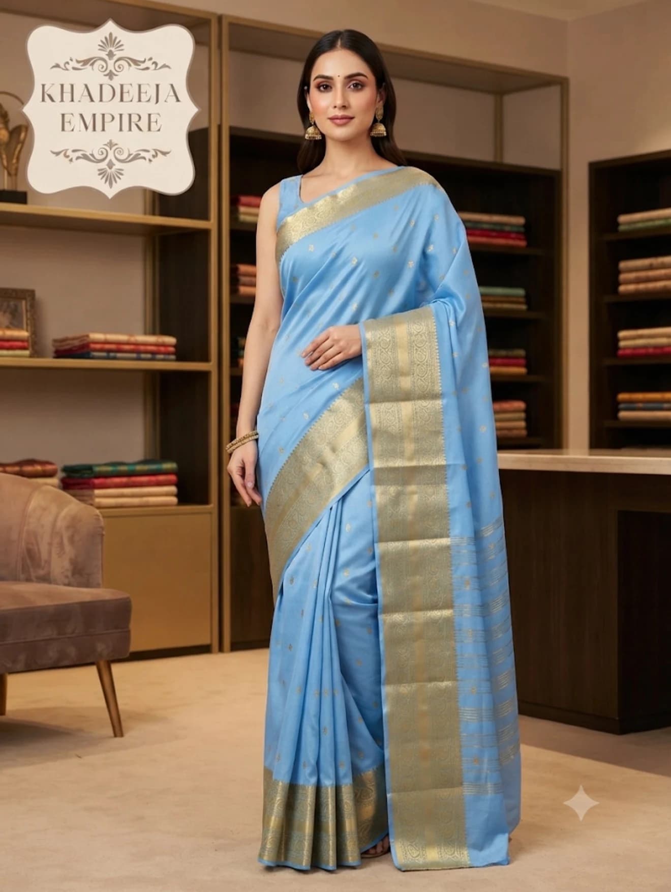 Sky Blue Banarasi Silk Saree with Traditional Golden Zari Border & Buti Work, view 1