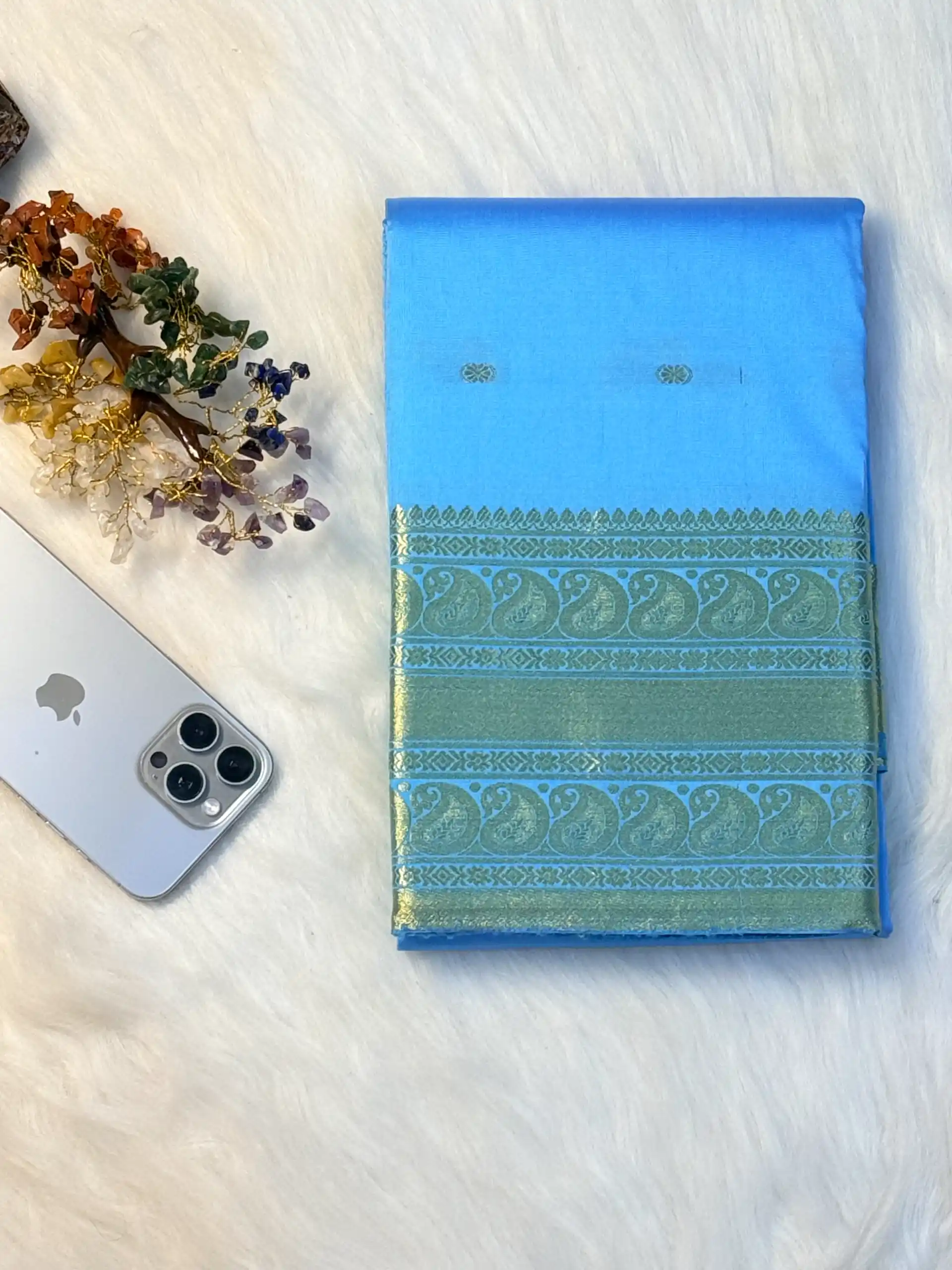 Sky Blue Banarasi Silk Saree with Traditional Golden Zari Border & Buti Work, view 2