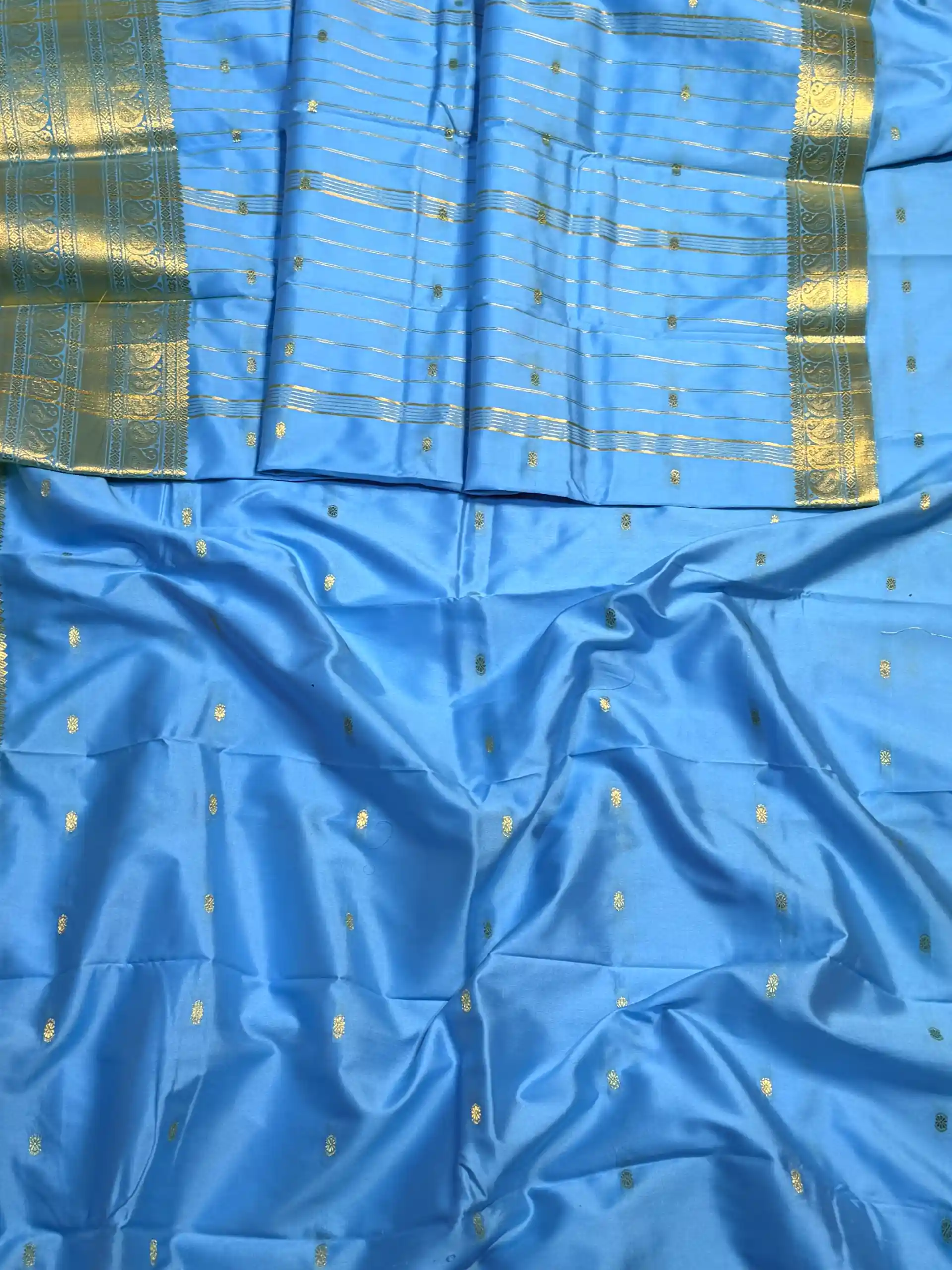 Sky Blue Banarasi Silk Saree with Traditional Golden Zari Border & Buti Work, view 3