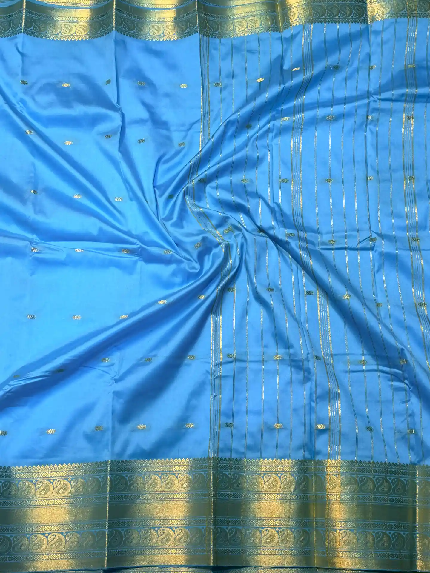 Sky Blue Banarasi Silk Saree with Traditional Golden Zari Border & Buti Work, view 4