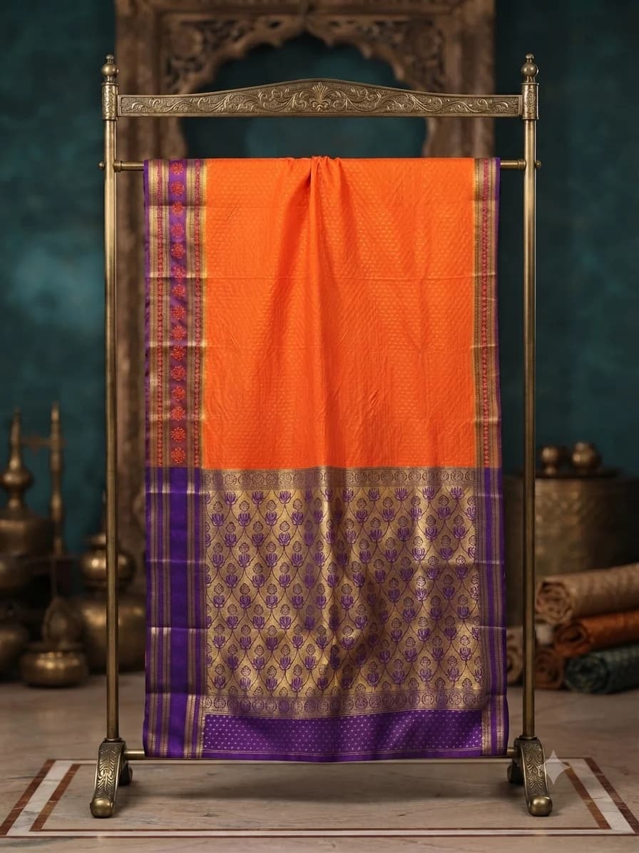 Royal Orange & Purple Banarasi Silk Saree with Rich Zari Border, view 1