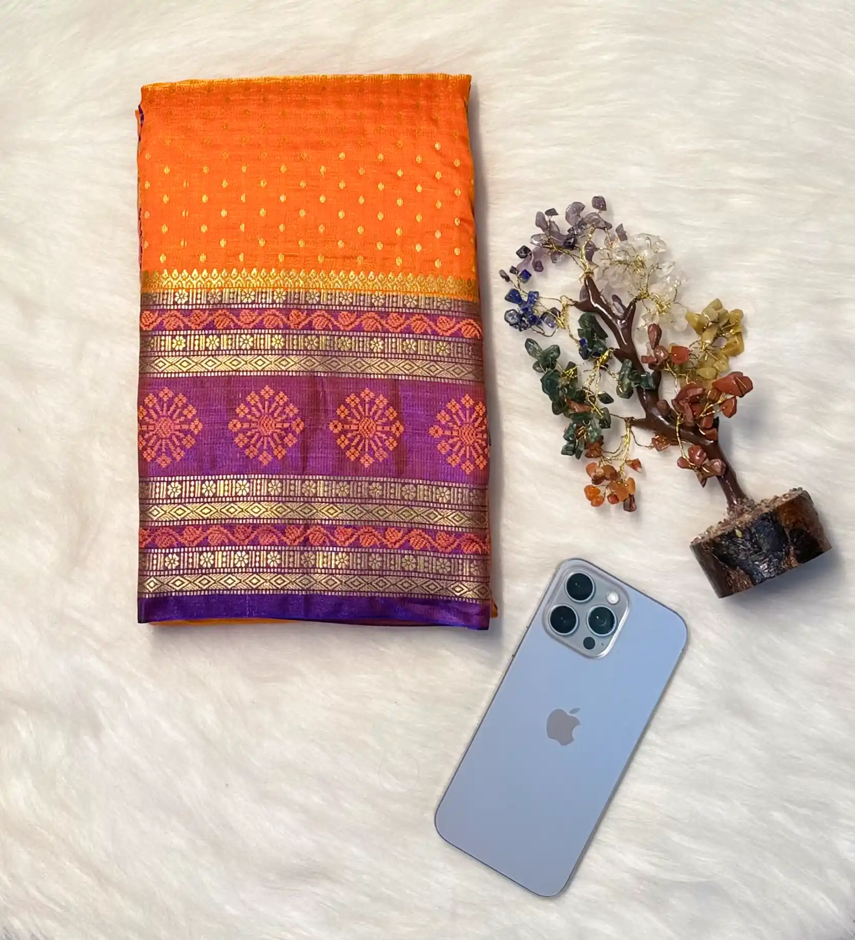 Royal Orange & Purple Banarasi Silk Saree with Rich Zari Border, view 2