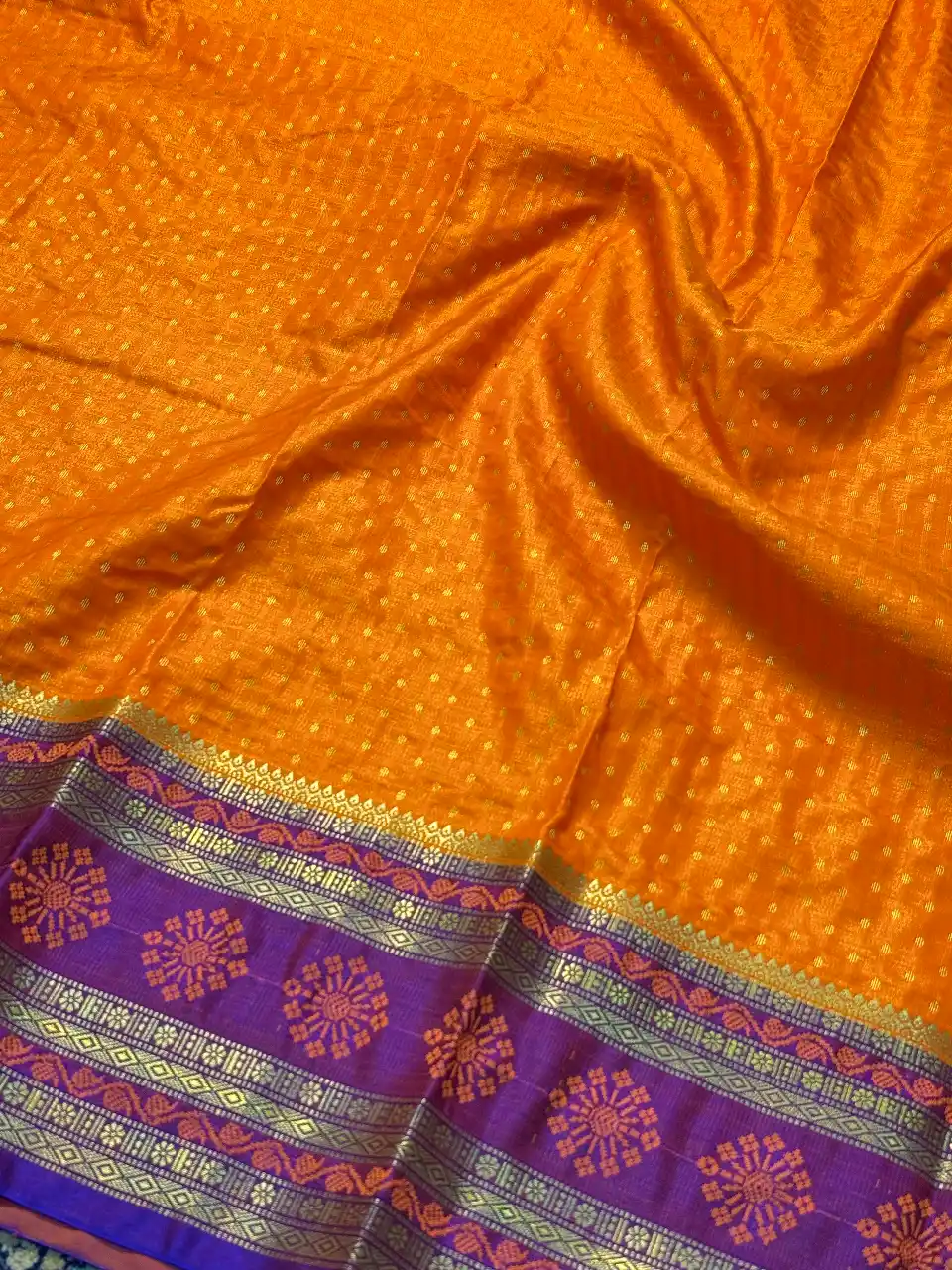 Royal Orange & Purple Banarasi Silk Saree with Rich Zari Border, view 4