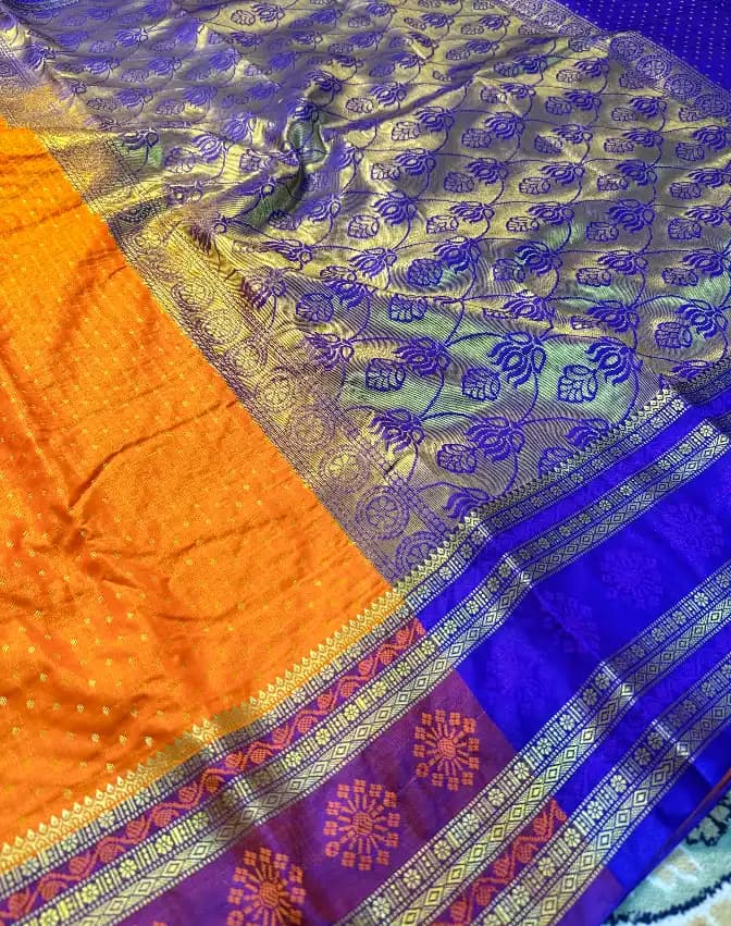 Royal Orange & Purple Banarasi Silk Saree with Rich Zari Border, view 6