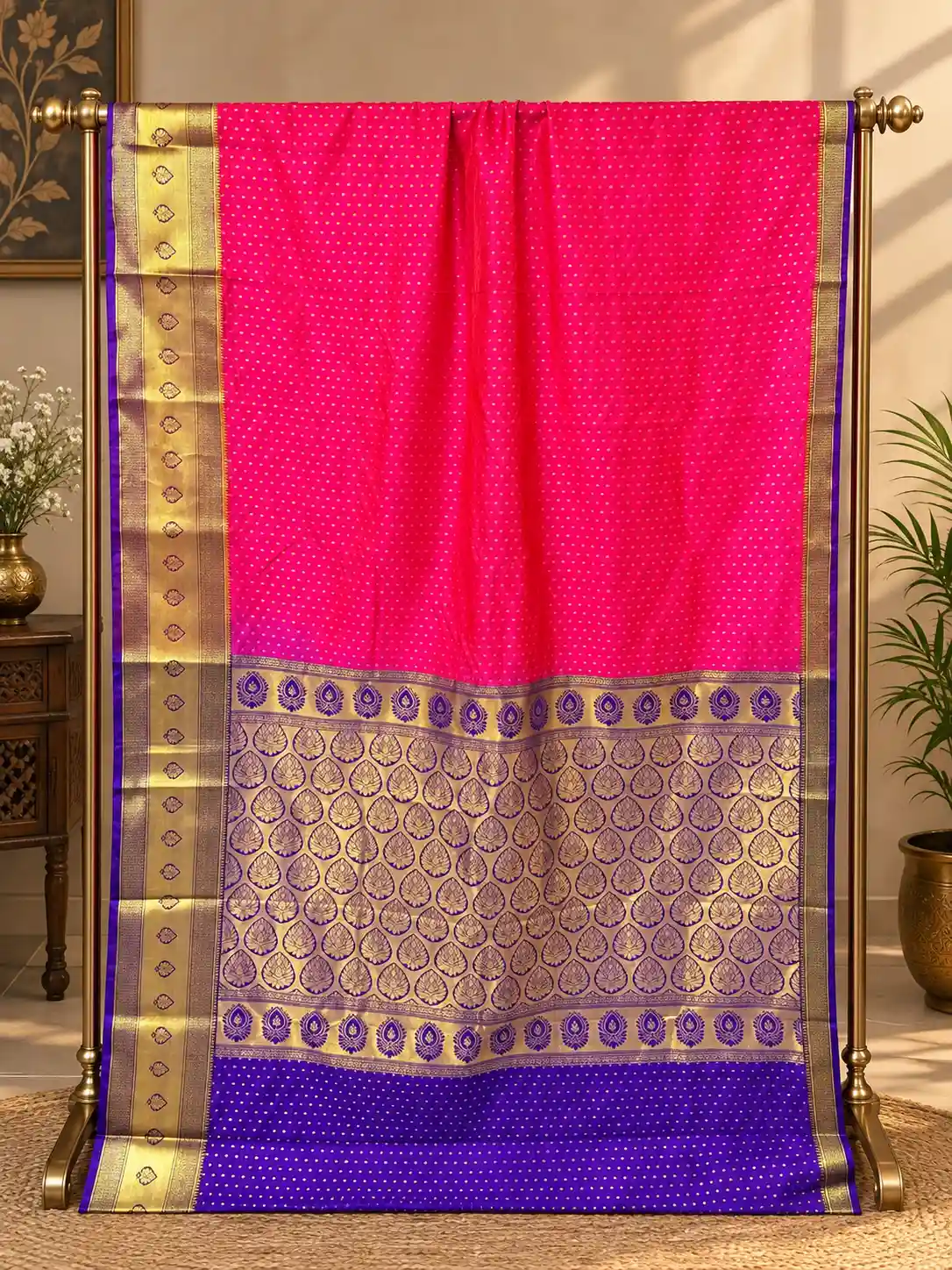 Traditional Rani Pink & Purple Banarasi Silk Saree with Golden Zari Buti & Designer Border, view 1