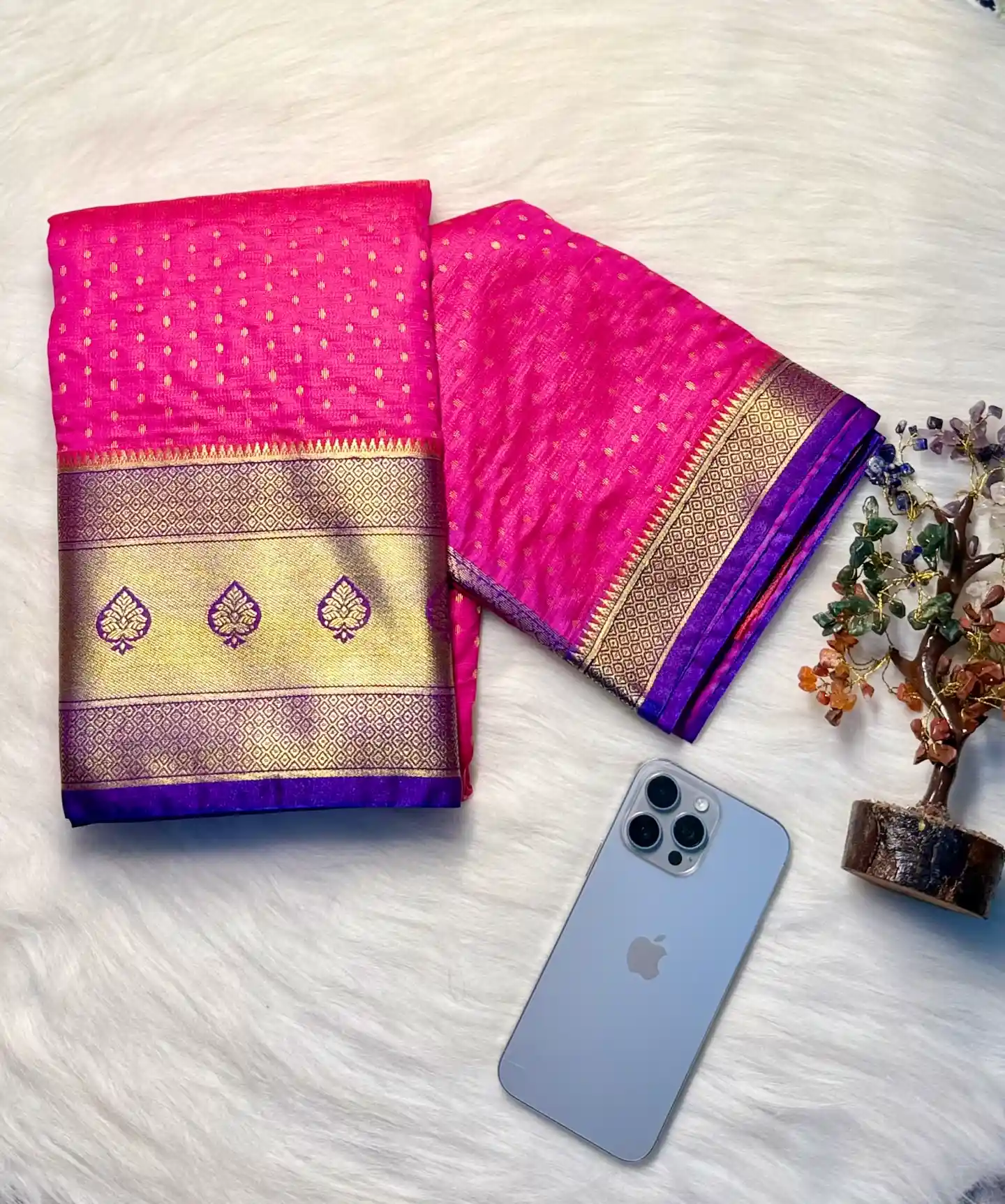 Traditional Rani Pink & Purple Banarasi Silk Saree with Golden Zari Buti & Designer Border, view 2