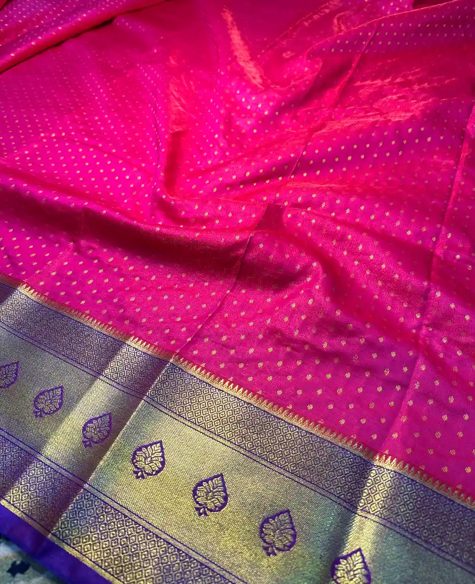 Traditional Rani Pink & Purple Banarasi Silk Saree with Golden Zari Buti & Designer Border, view 5