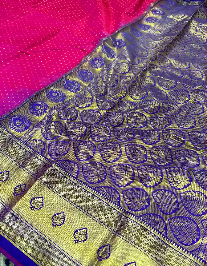 Traditional Rani Pink & Purple Banarasi Silk Saree with Golden Zari Buti & Designer Border, view 6