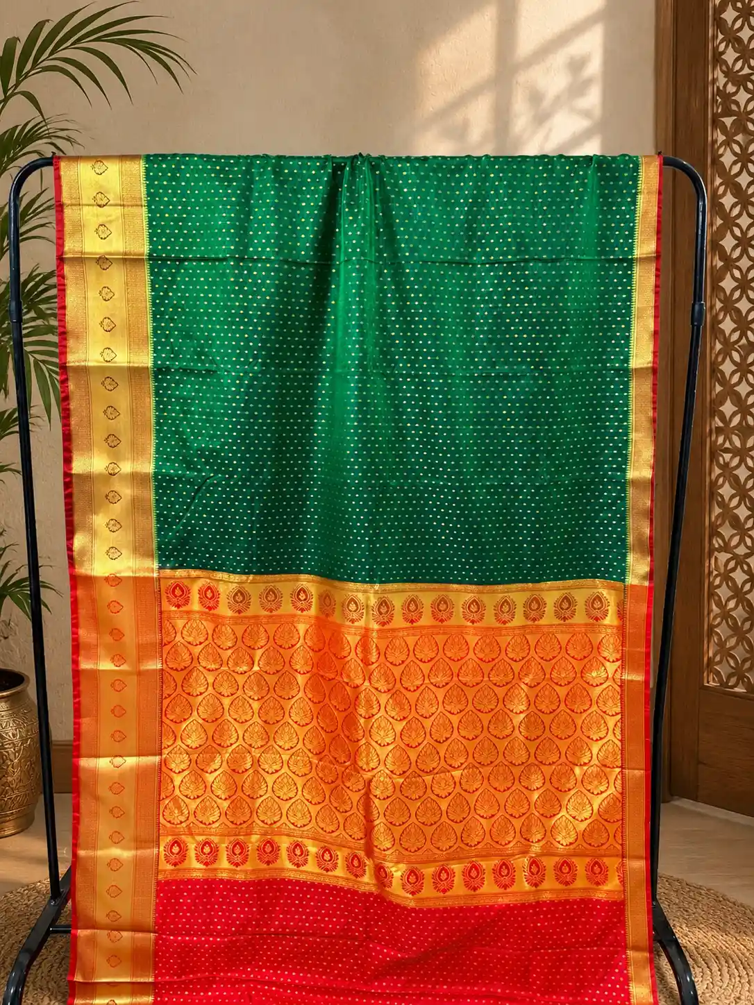 Bottle Green Banarasi Silk Saree with Golden Zari & Traditional Pallu, view 1