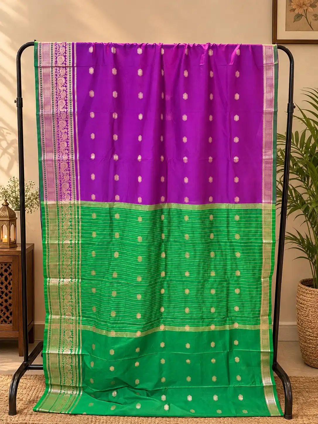 Royal Purple Green Banarasi Silk Saree with Golden Zari Butti & Traditional Border, view 1