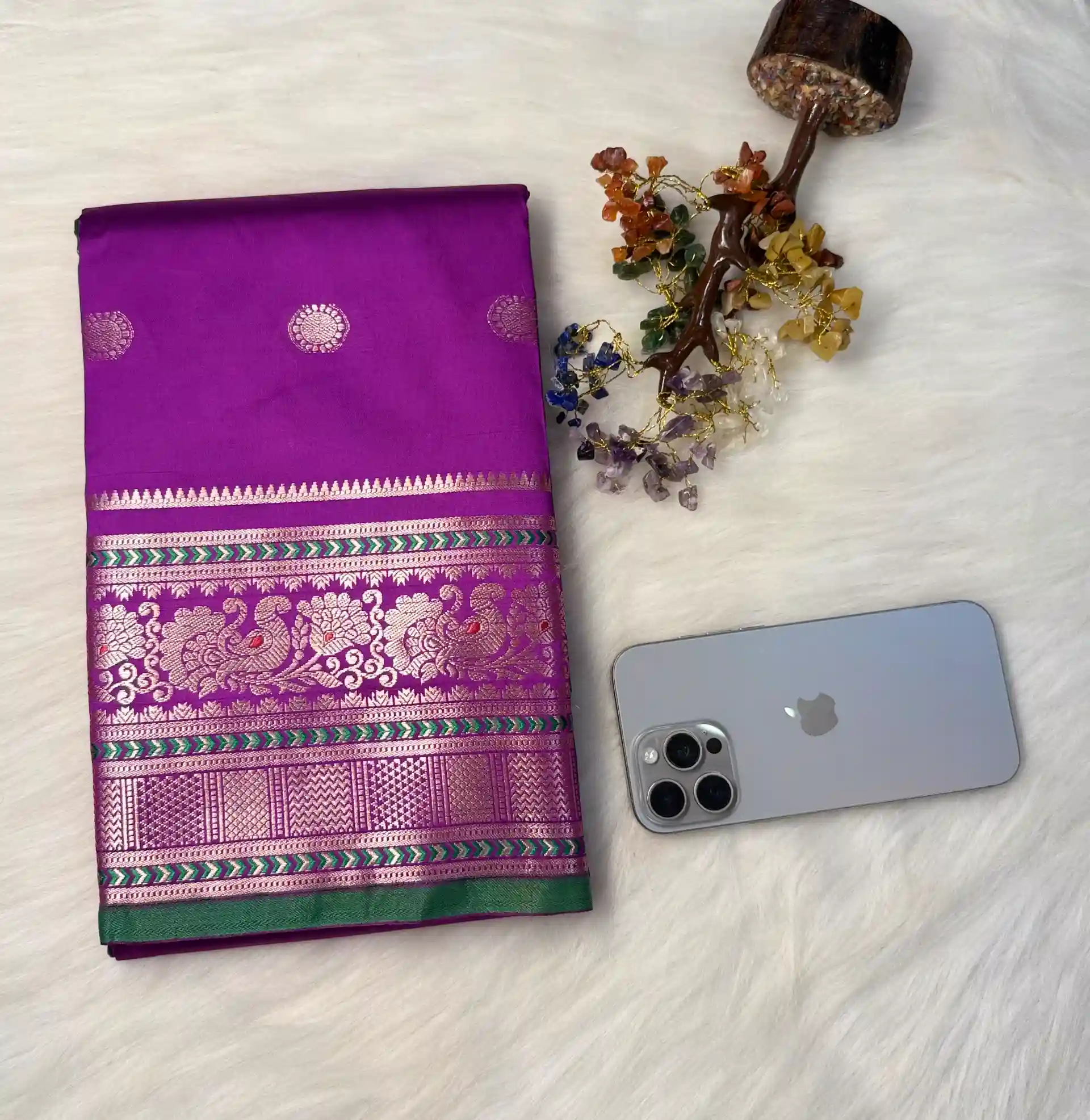 Royal Purple Green Banarasi Silk Saree with Golden Zari Butti & Traditional Border, view 2