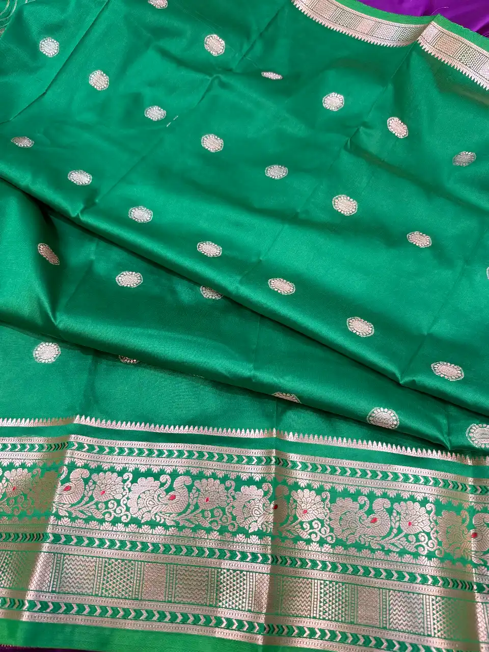 Royal Purple Green Banarasi Silk Saree with Golden Zari Butti & Traditional Border, view 3