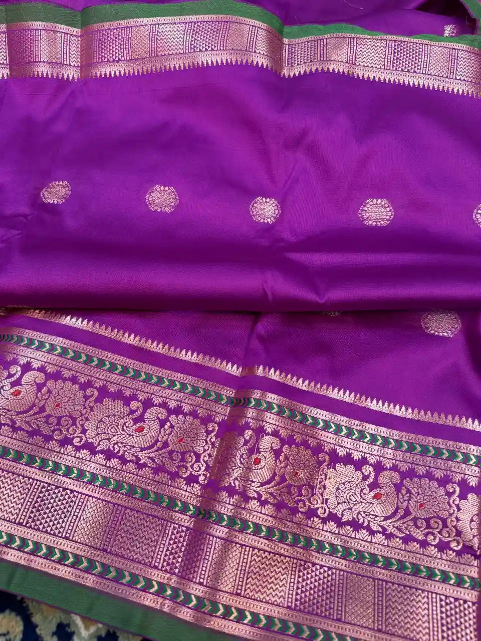 Royal Purple Green Banarasi Silk Saree with Golden Zari Butti & Traditional Border, view 4