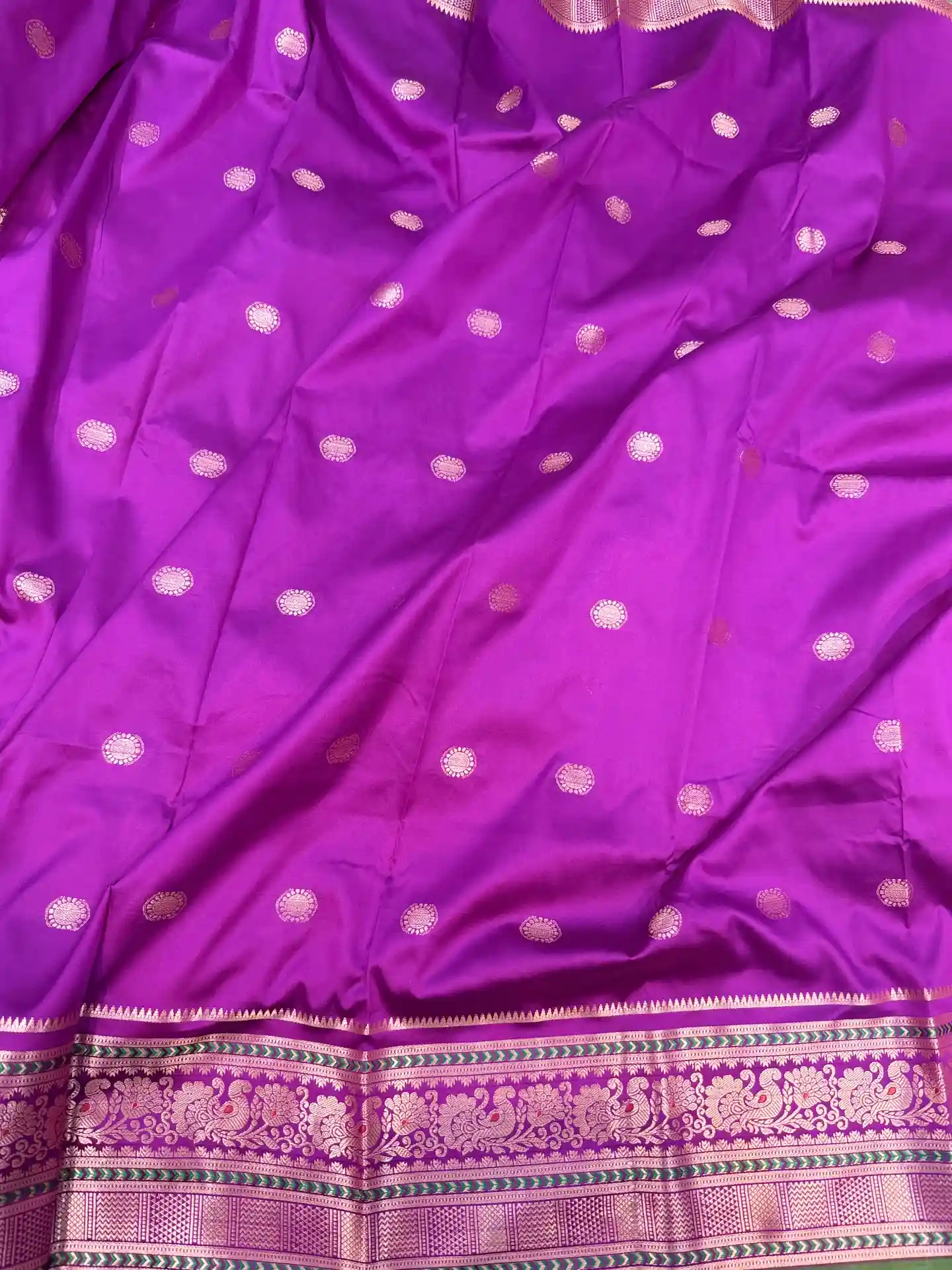 Royal Purple Green Banarasi Silk Saree with Golden Zari Butti & Traditional Border, view 5