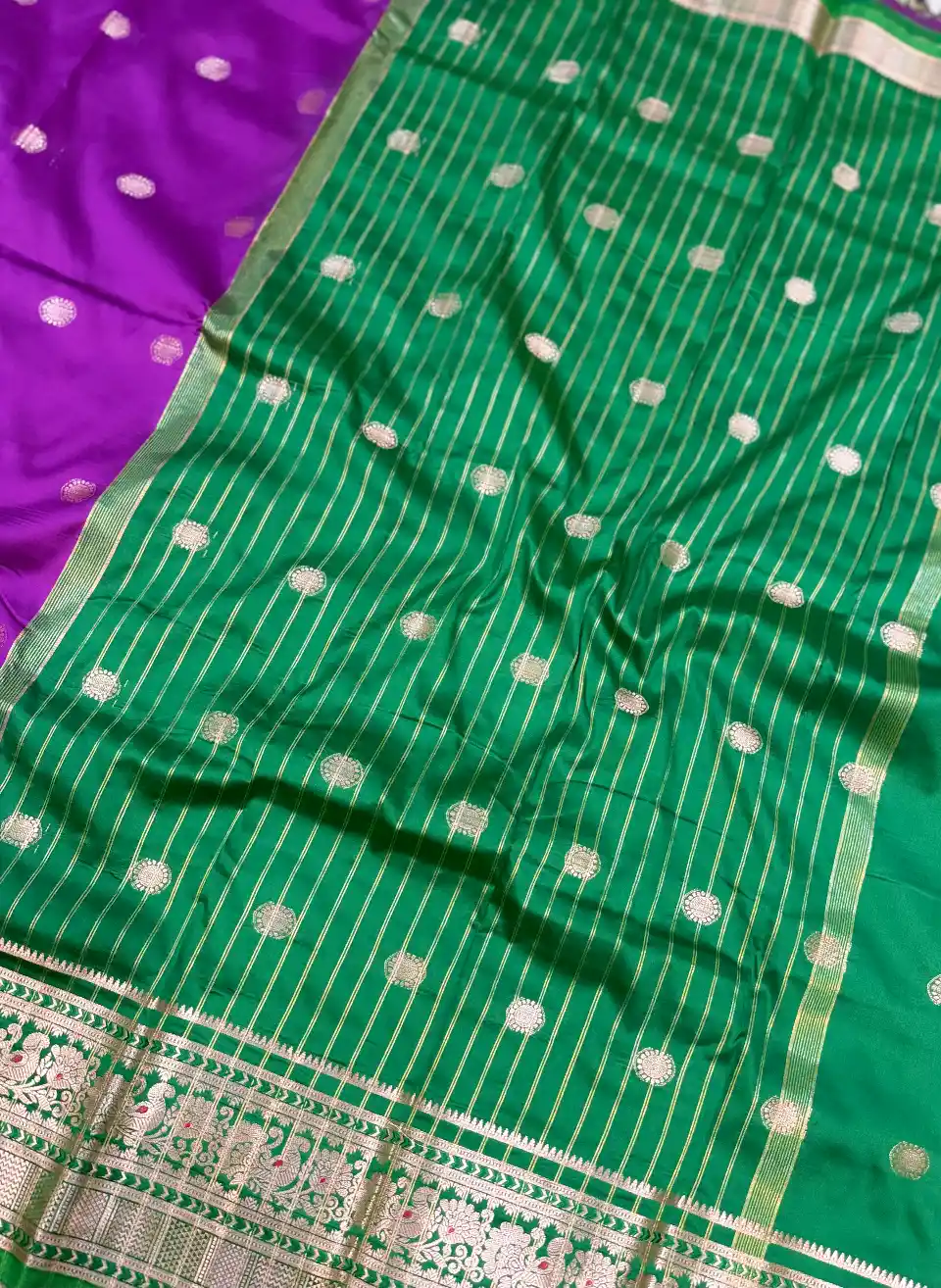 Royal Purple Green Banarasi Silk Saree with Golden Zari Butti & Traditional Border, view 6