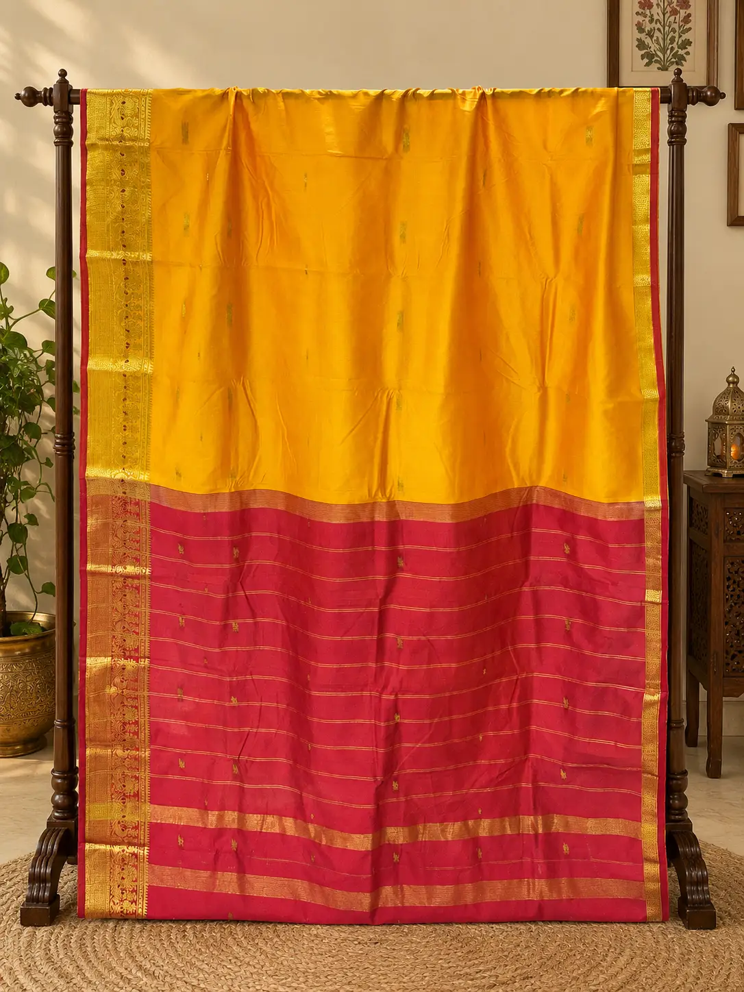 Haldi Yellow & Rani Pink Traditional Banarasi Saree with Rich Zari Work, view 1
