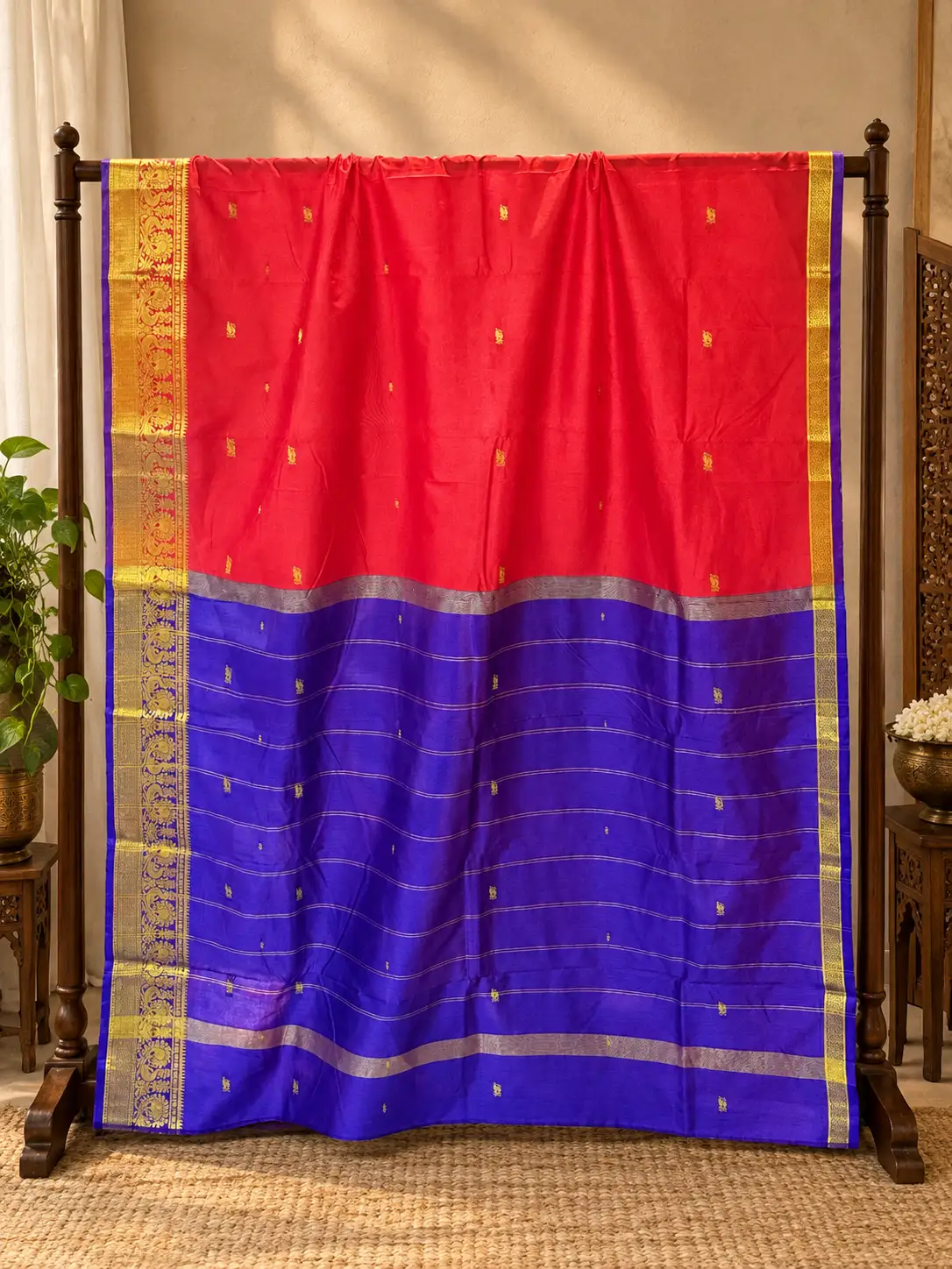 Heritage Red & Purple Banarasi Silk Saree with Traditional Gold Zari, view 1