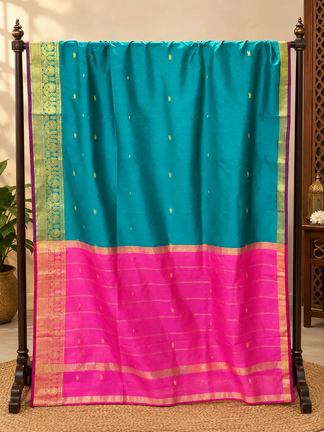 Peacock Teal & Rani Pink Banarasi Silk Saree with Golden Zari Border, view 1