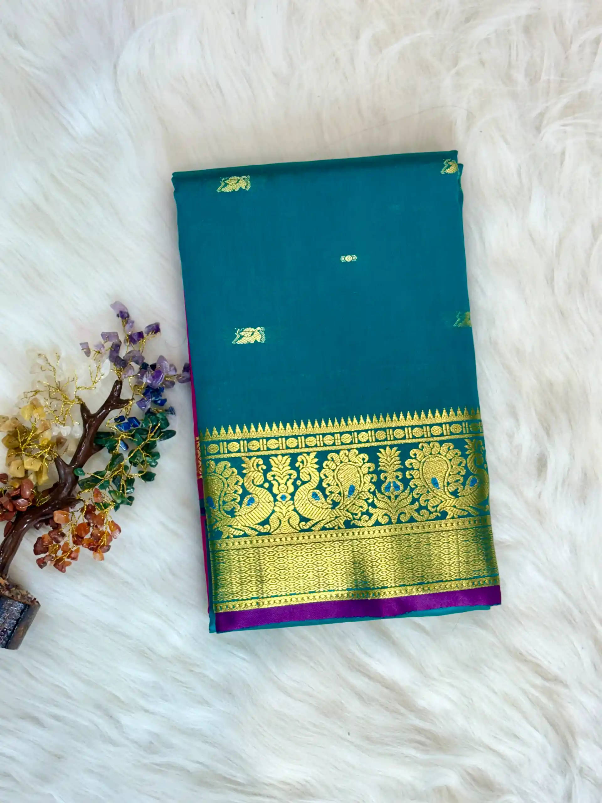 Peacock Teal & Rani Pink Banarasi Silk Saree with Golden Zari Border, view 2