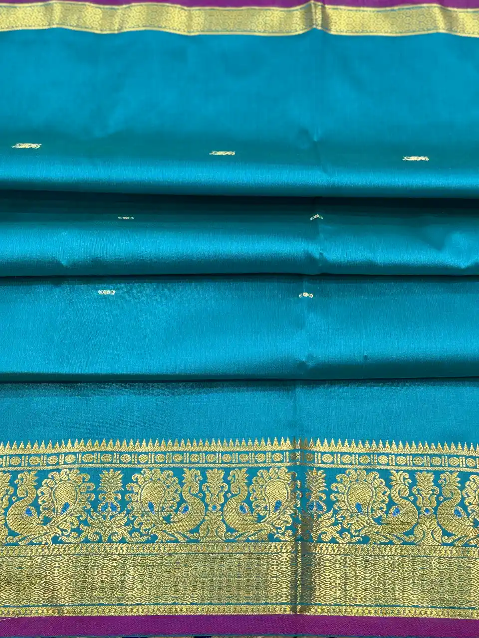 Peacock Teal & Rani Pink Banarasi Silk Saree with Golden Zari Border, view 4