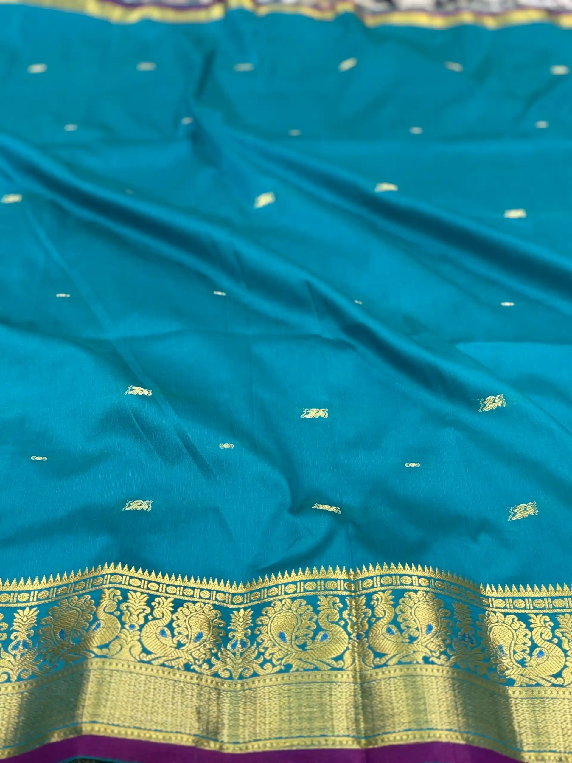 Peacock Teal & Rani Pink Banarasi Silk Saree with Golden Zari Border, view 5