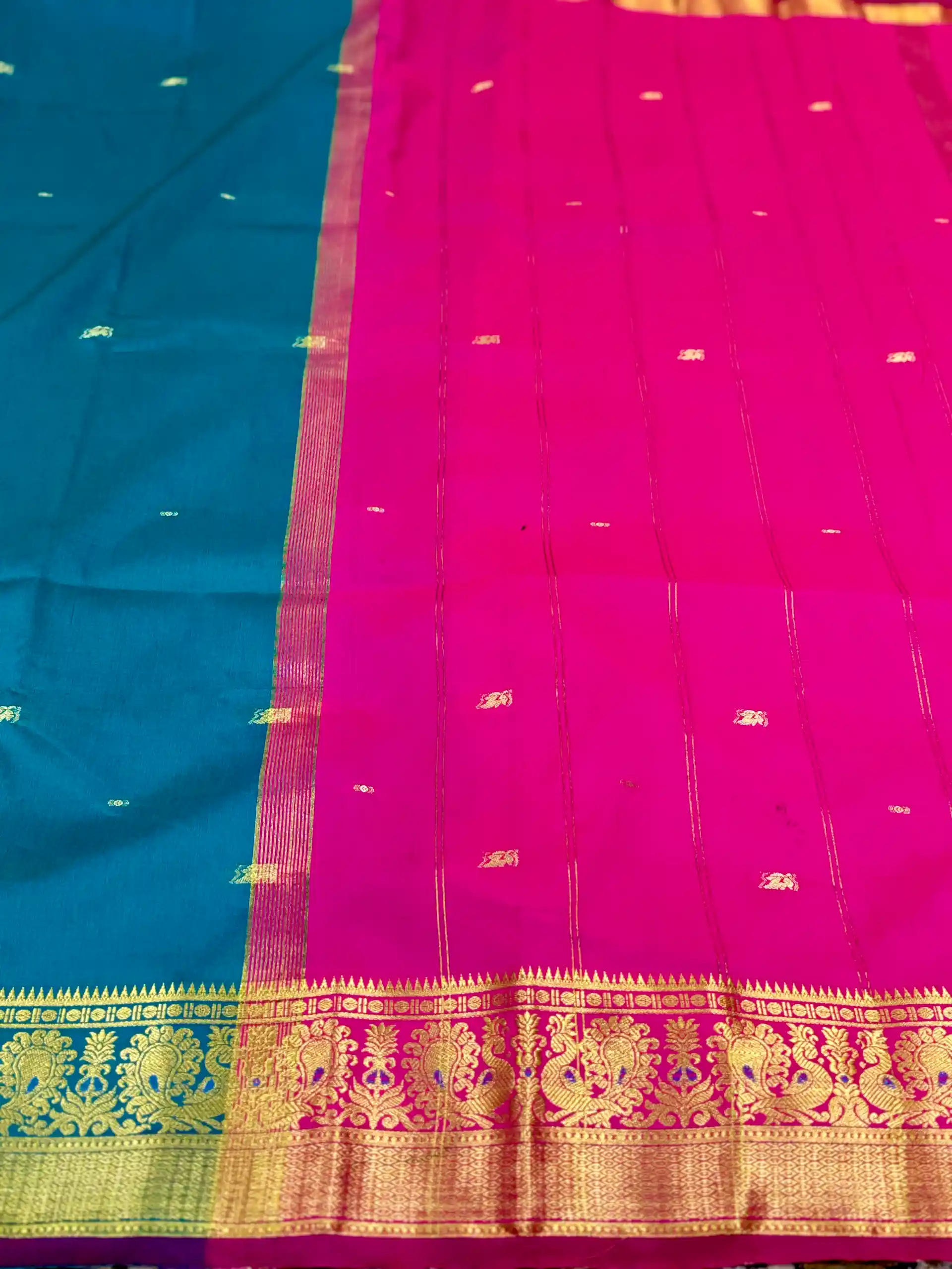 Peacock Teal & Rani Pink Banarasi Silk Saree with Golden Zari Border, view 6