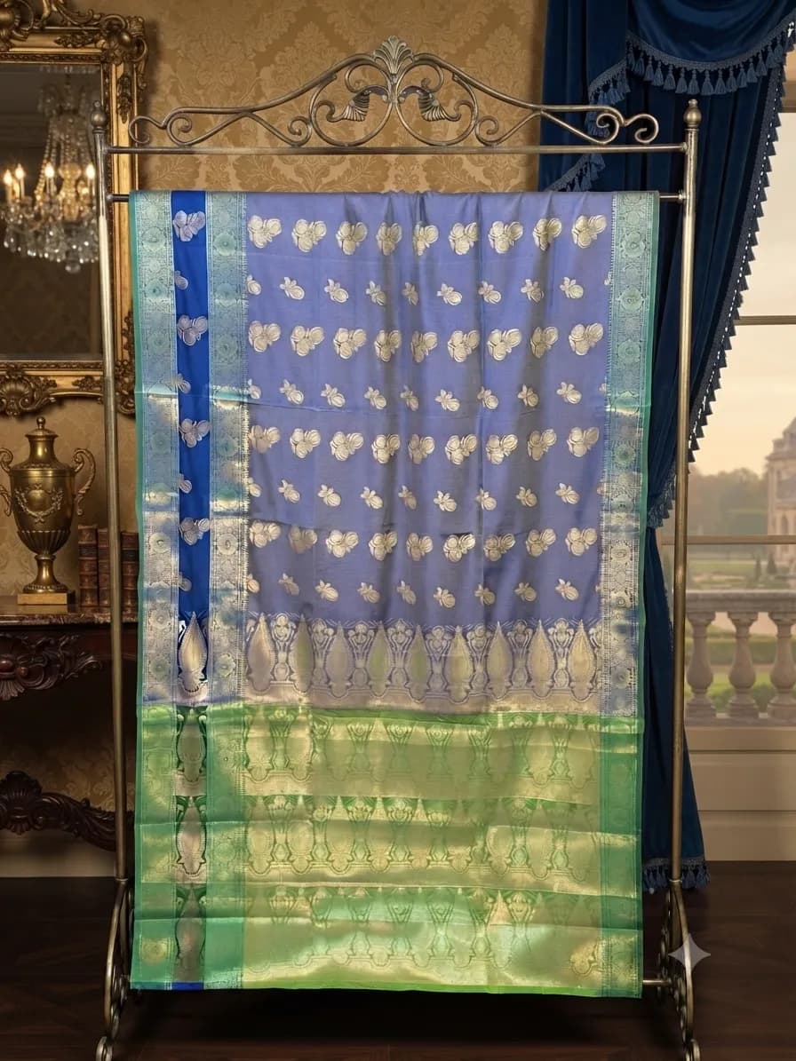 Heritage-Inspired Lavender Blue Banarasi Silk Saree with Delicate Gold Buttas, Ornate Zari Border and Rich Green Pallu, view 1