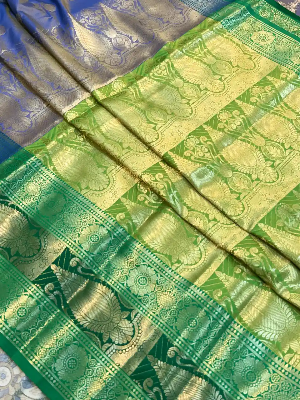 Heritage-Inspired Lavender Blue Banarasi Silk Saree with Delicate Gold Buttas, Ornate Zari Border and Rich Green Pallu, view 3