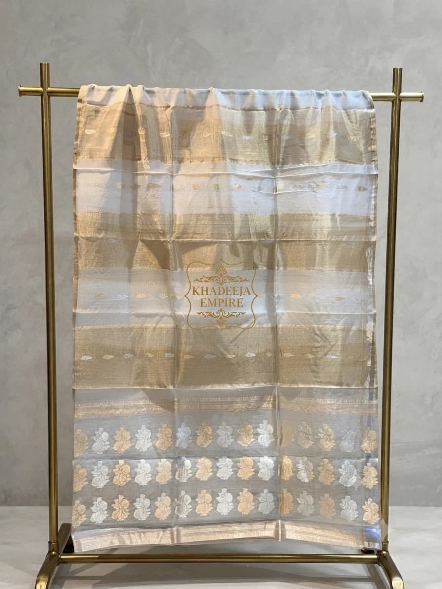 Traditional Pure Kora Tissue Handloom Silk Saree with Floral Zari Motifs, view 1
