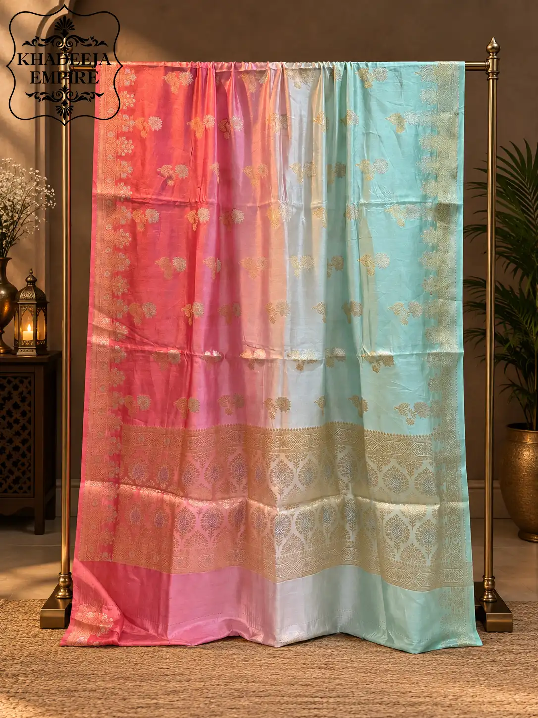 Pure Dupion Silk Banarasi Rose Pink & Mint Green Shaded Saree, view 1