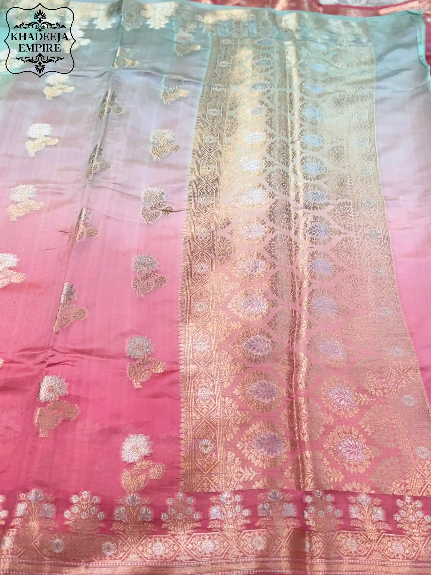 Pure Dupion Silk Banarasi Rose Pink & Mint Green Shaded Saree, view 2