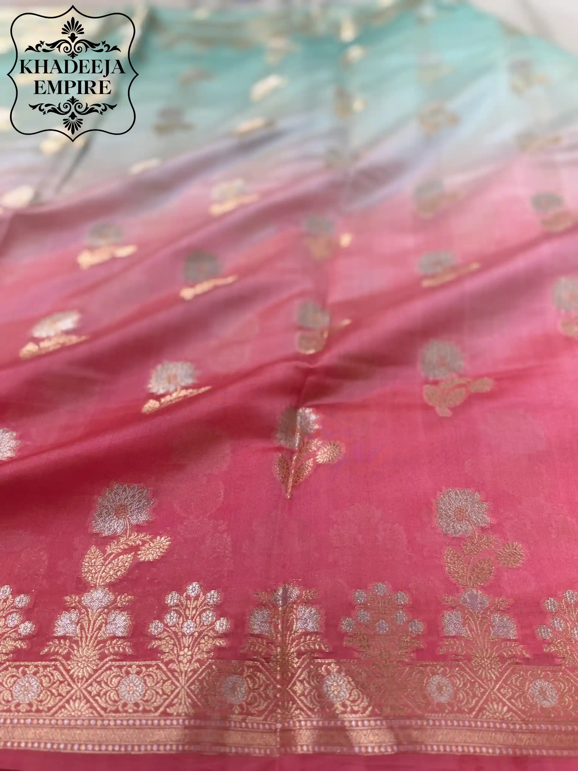 Pure Dupion Silk Banarasi Rose Pink & Mint Green Shaded Saree, view 3