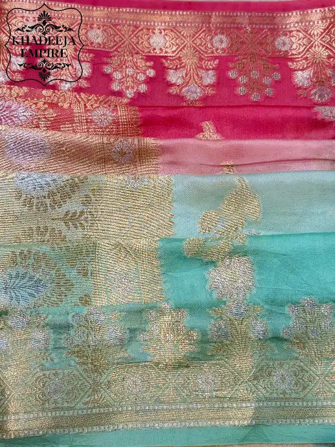 Pure Dupion Silk Banarasi Rose Pink & Mint Green Shaded Saree, view 4