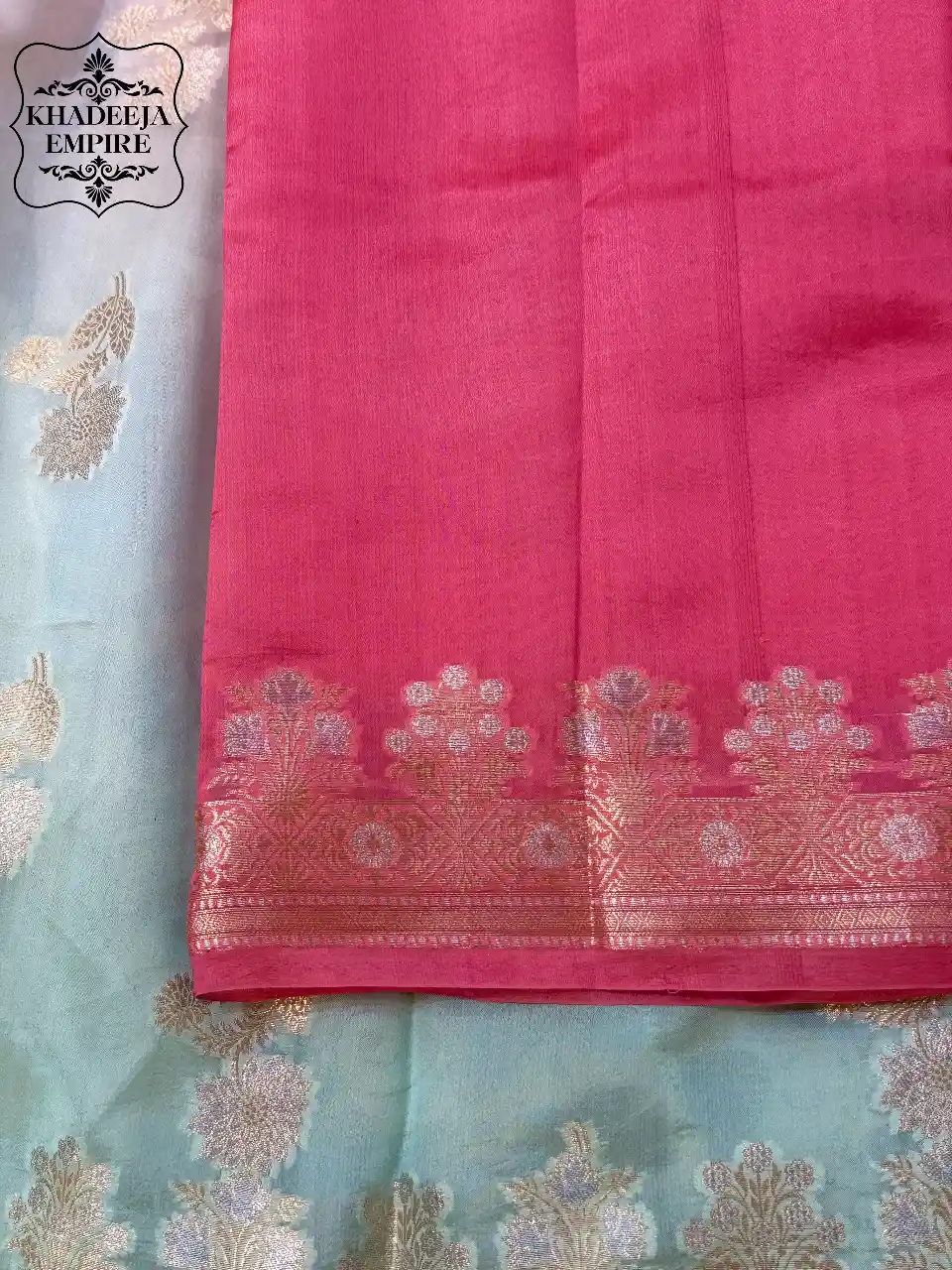 Pure Dupion Silk Banarasi Rose Pink & Mint Green Shaded Saree, view 6