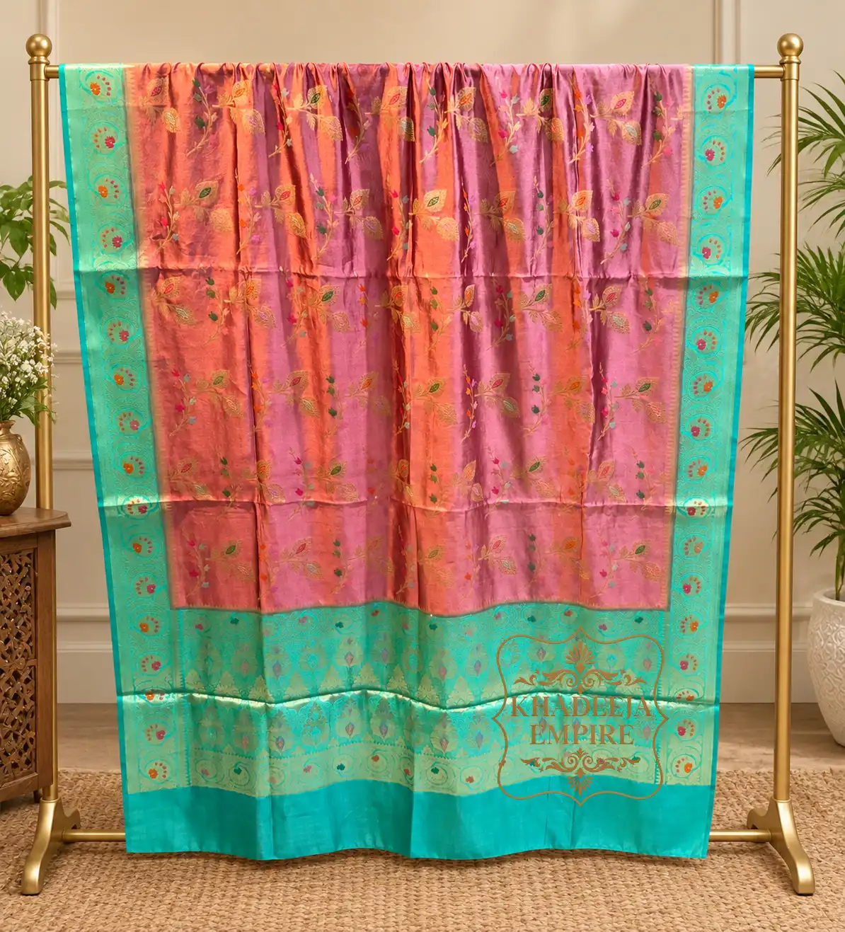 Royal Teal & Wine Pure Dupion Silk Banarasi Saree with Multicolor Floral Zari Weave, view 1