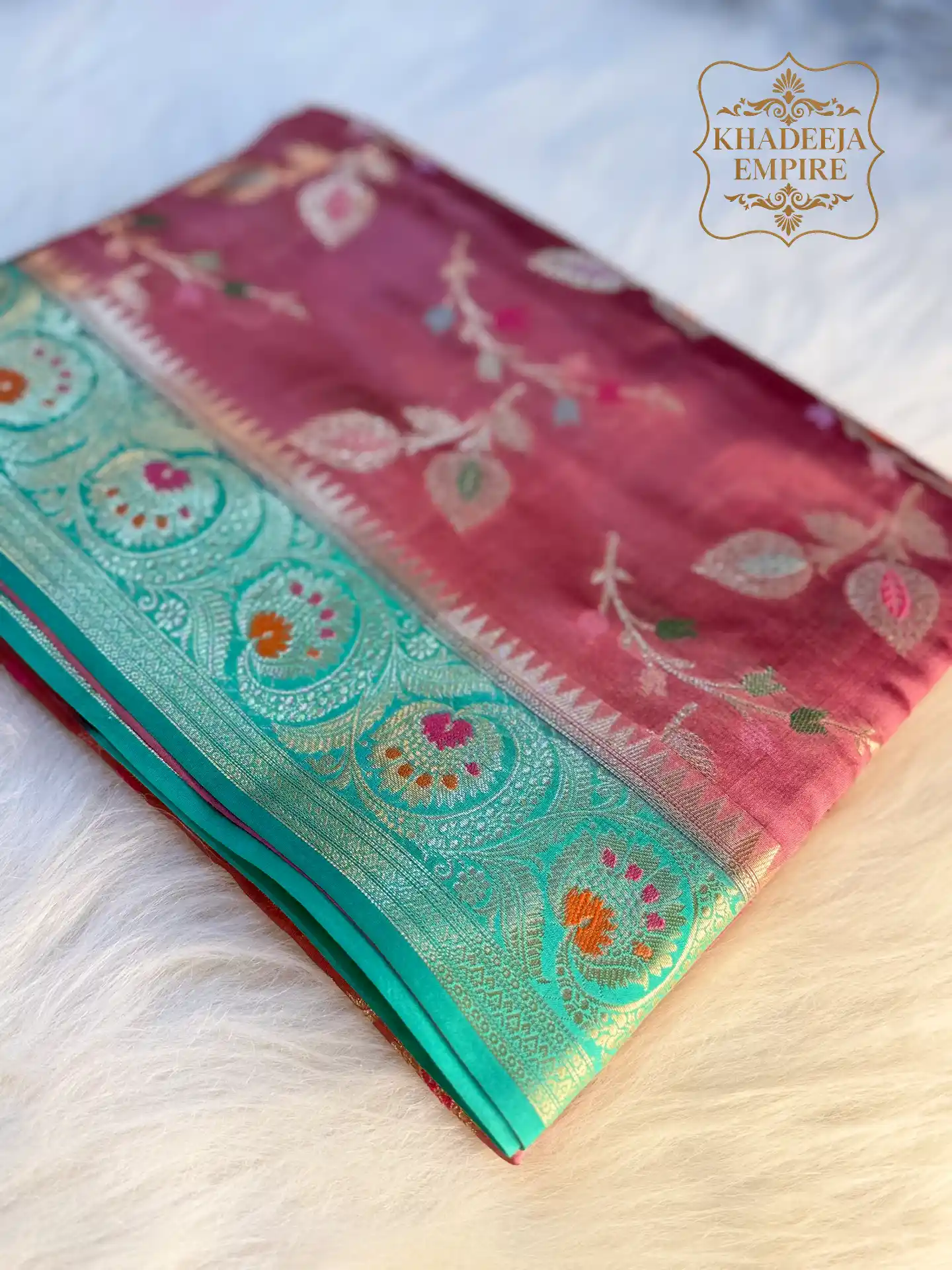 Royal Teal & Wine Pure Dupion Silk Banarasi Saree with Multicolor Floral Zari Weave, view 2