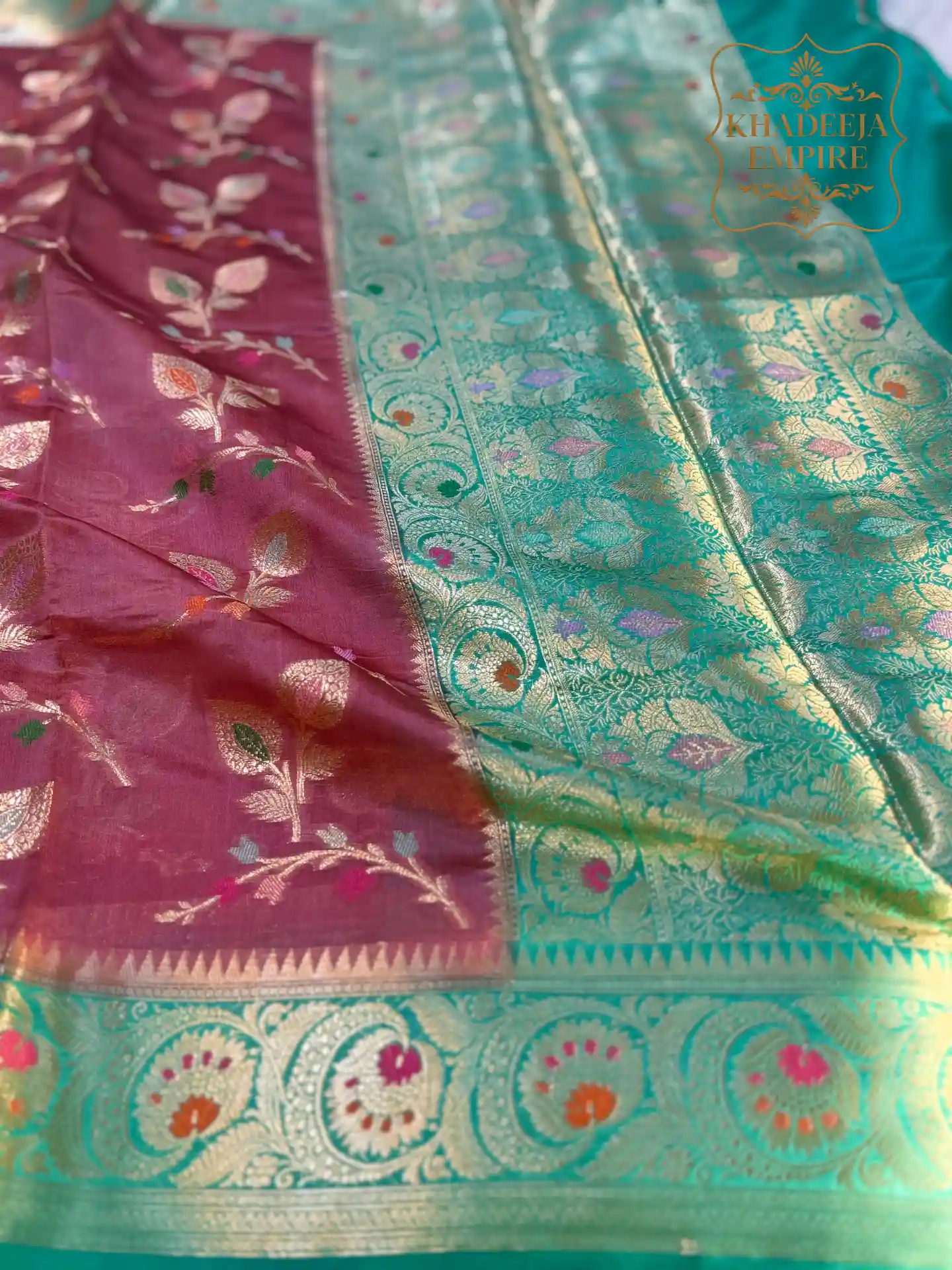 Royal Teal & Wine Pure Dupion Silk Banarasi Saree with Multicolor Floral Zari Weave, view 3