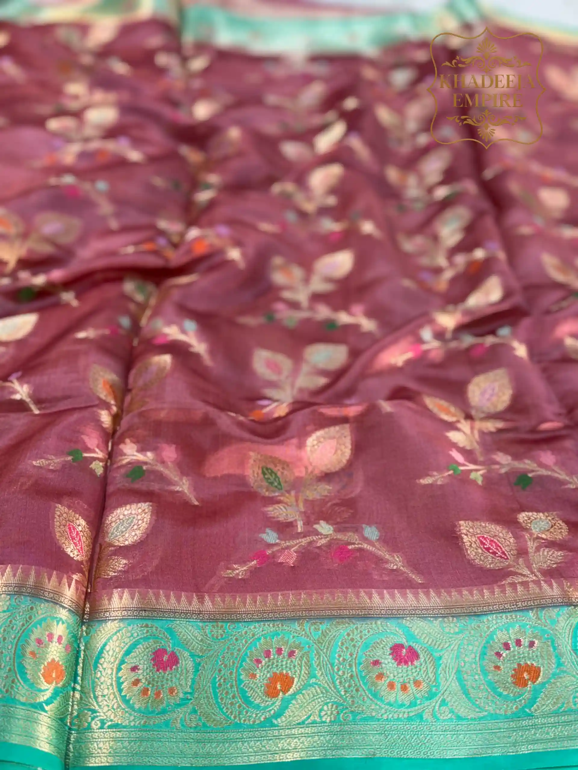 Royal Teal & Wine Pure Dupion Silk Banarasi Saree with Multicolor Floral Zari Weave, view 4