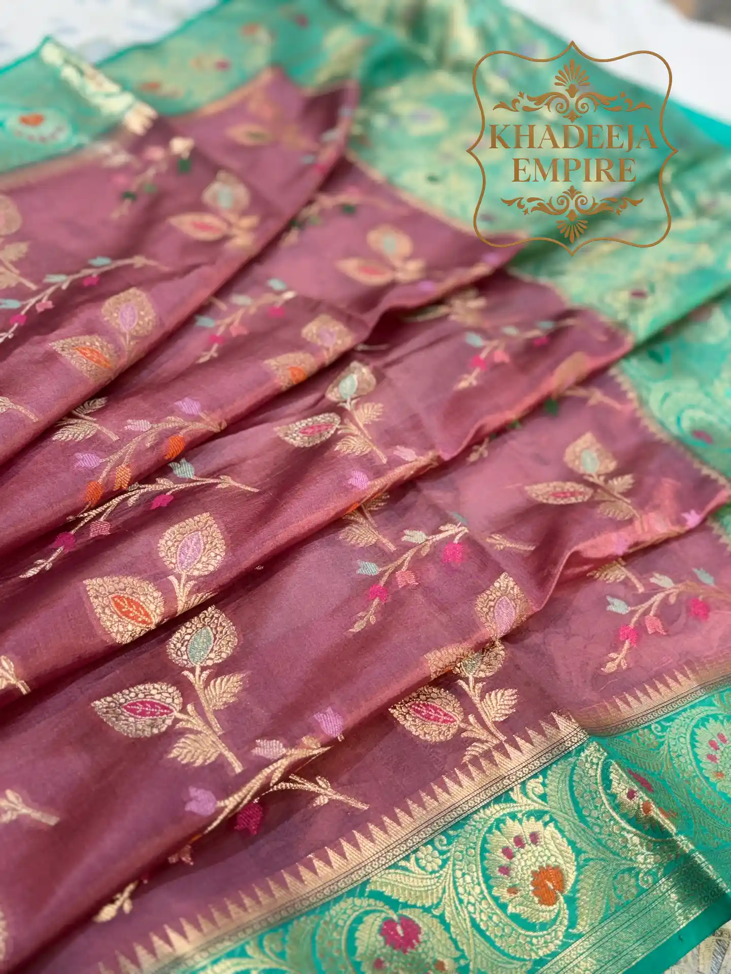 Royal Teal & Wine Pure Dupion Silk Banarasi Saree with Multicolor Floral Zari Weave, view 5
