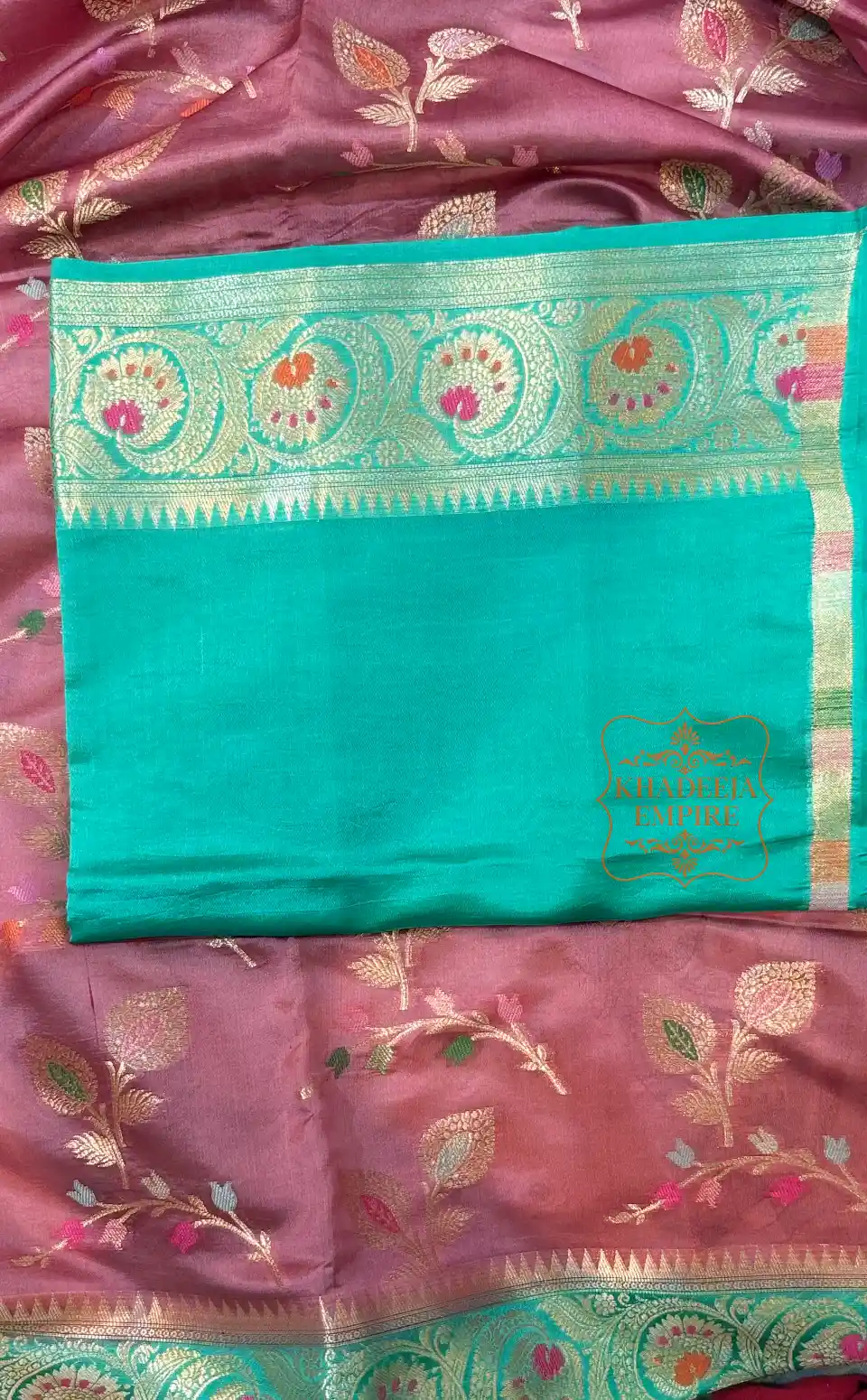 Royal Teal & Wine Pure Dupion Silk Banarasi Saree with Multicolor Floral Zari Weave, view 6