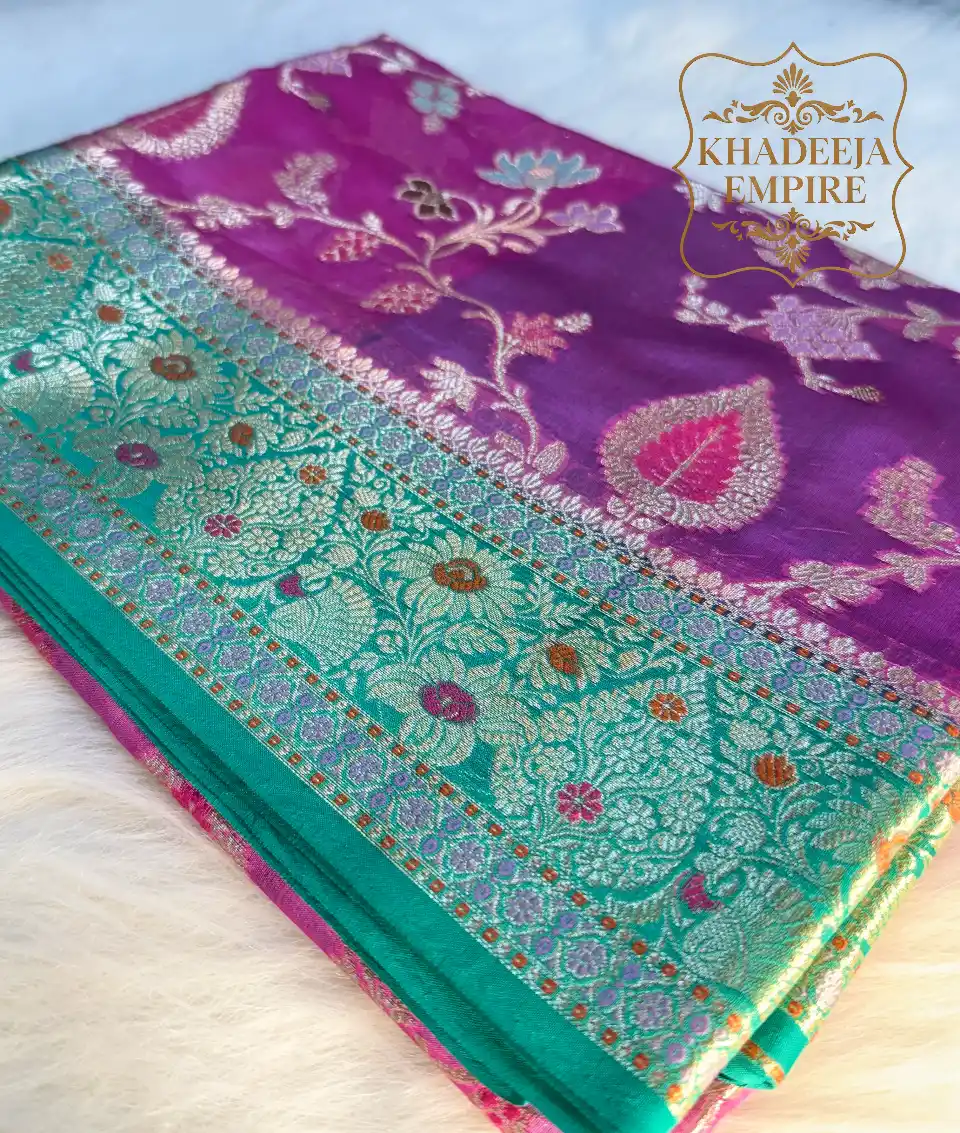 Heritage Teal & Royal Purple Pure Dupion Silk Banarasi Saree with Rich Floral Zari Border, view 1