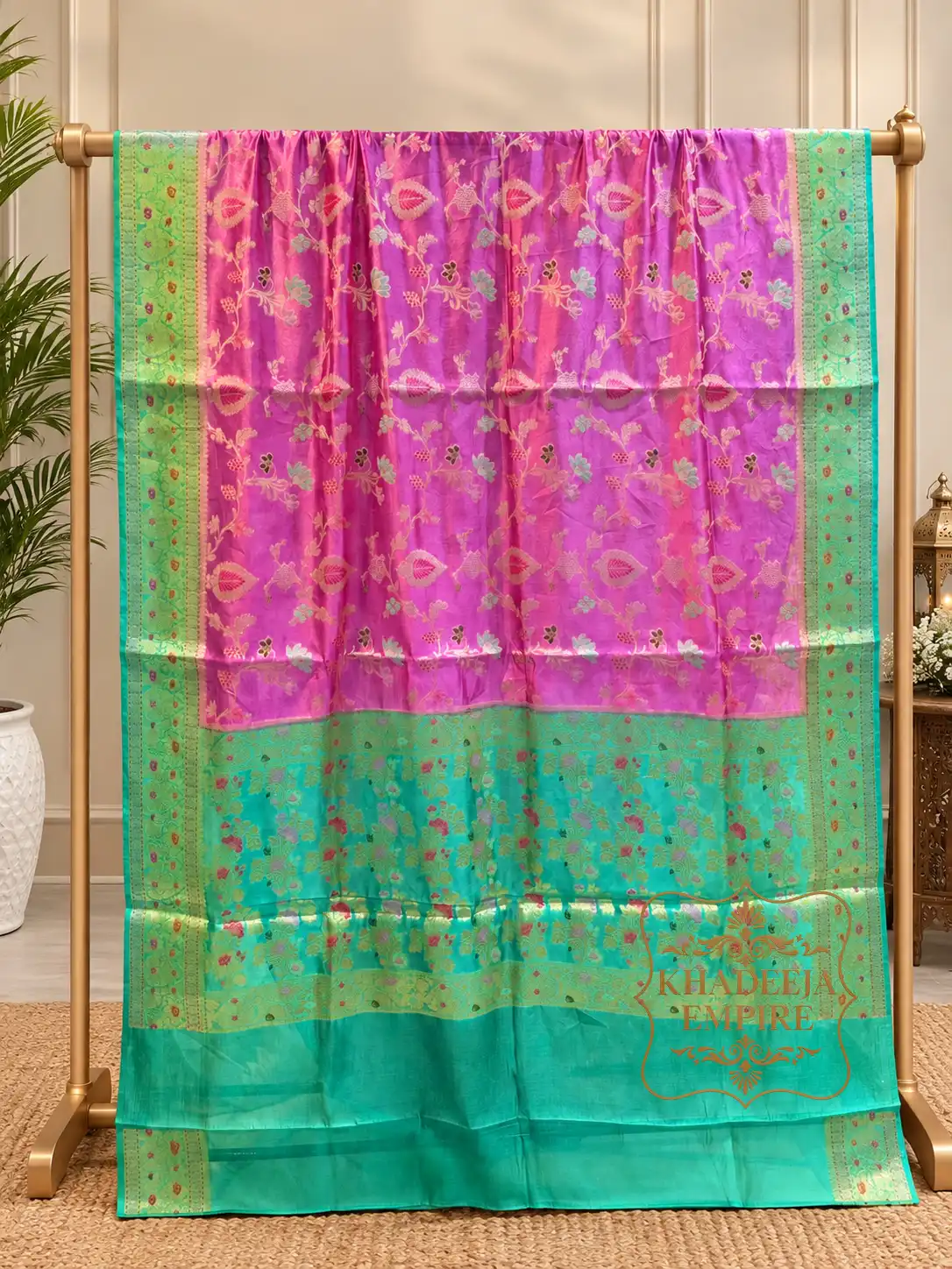 Heritage Teal & Royal Purple Pure Dupion Silk Banarasi Saree with Rich Floral Zari Border, view 2